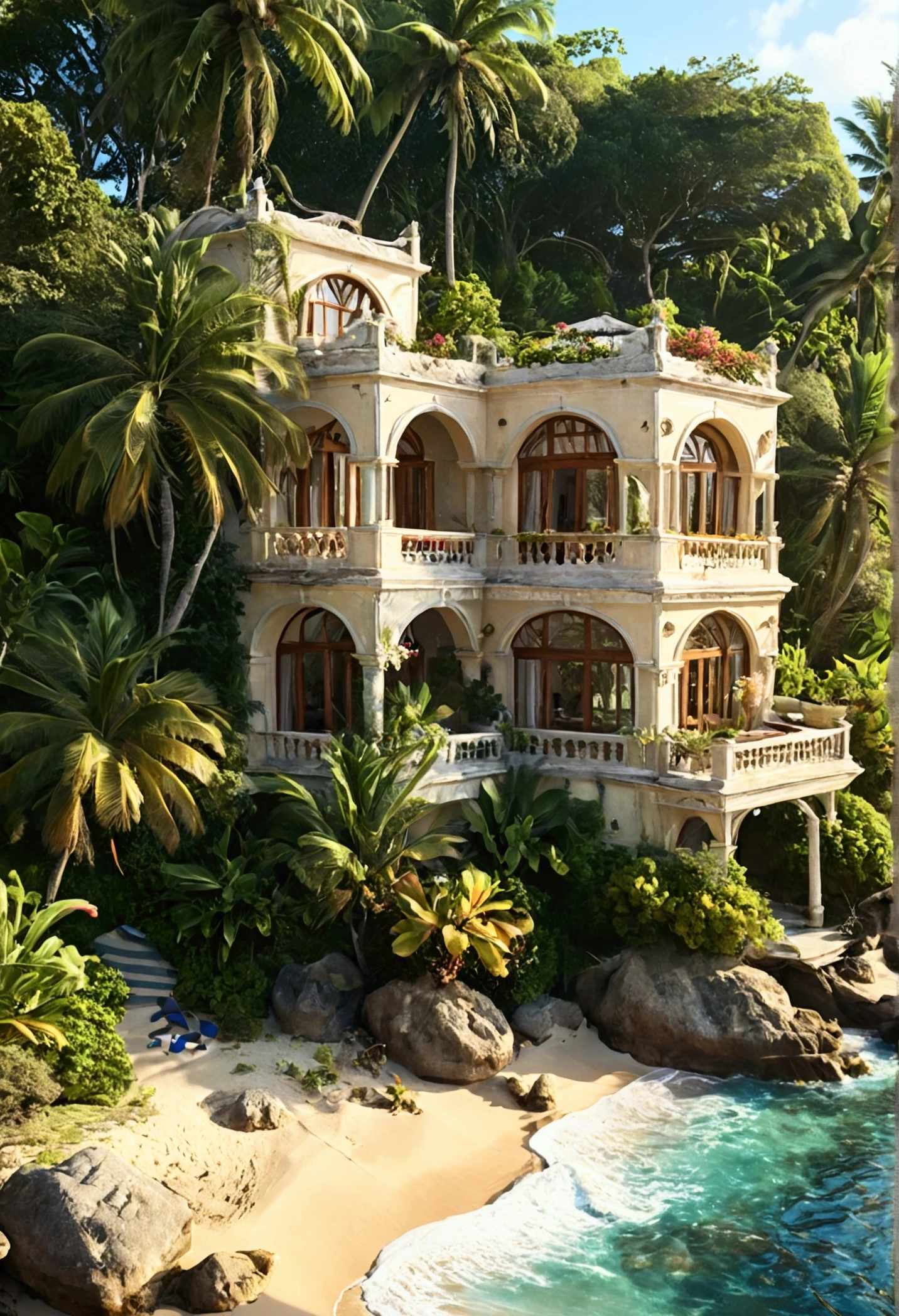 villa- tropical nature- seaside- sand- water