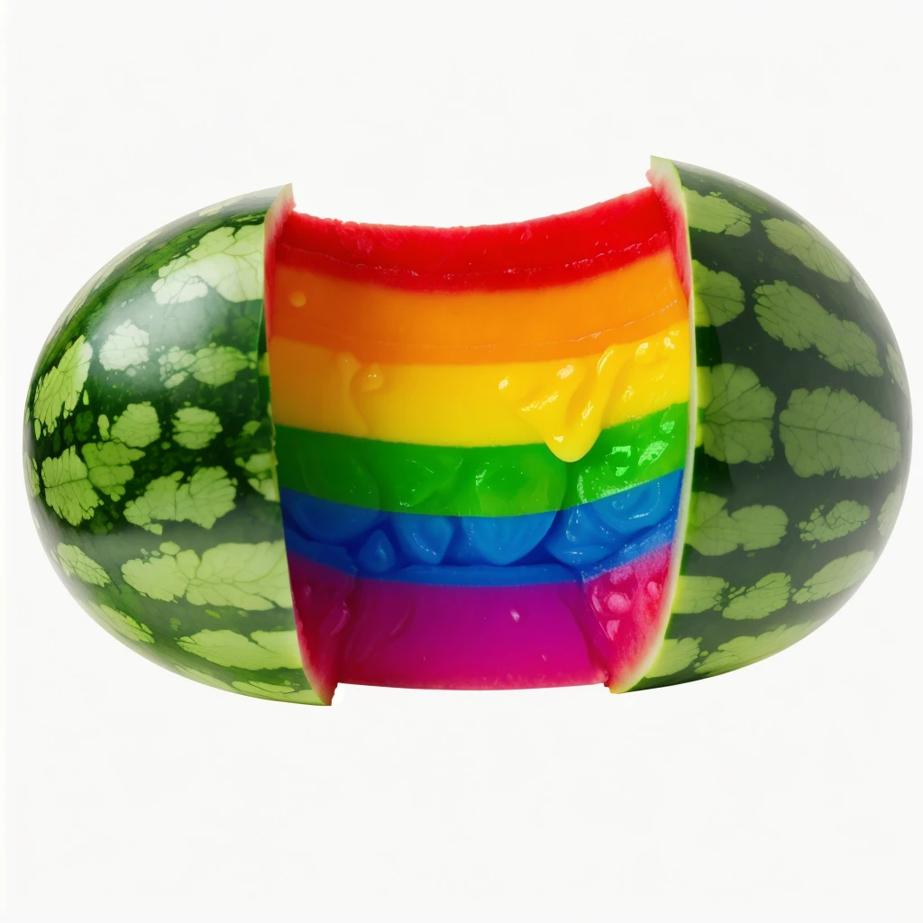 Watermelon divided into two parts, Rainbow gum comes out of a watermelon, stretch rainbow gum, on a white background, high-quality render, high-quality render, bright lighting, Realistic style , realistic texture, detailed texture, a high resolution, high quality, macro photography