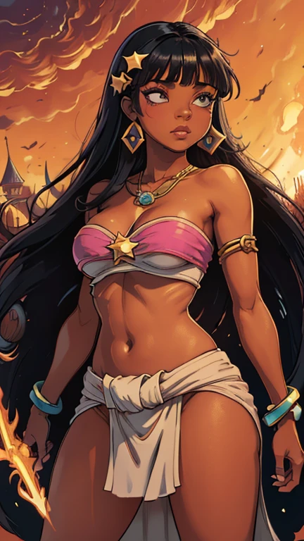 (Dominican: Caribbean:1girl: ChelXLP,Superhero), (extremely detailed CG unit 8k wallpaper),(master part), (best quality), (ultra detali), (best illustration),(melhor ombre), cowboy shot, (Sharp eyeliner, ombre, detailedeyes:1), Disney Castle background, ,break , (star15escola:1.2), hair ornament,long hair ,black hair, Cameltoe,dark skin, blunt bangs, long hair, black hair, jewelry, earrings, bracelets, makeup, tube top, loincloth