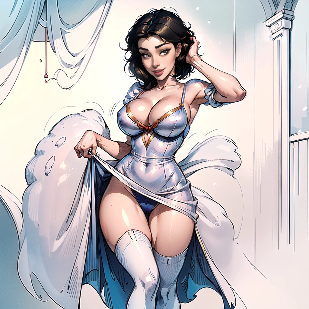 (((((sexy))))), (((((SnowWhite disney character))))), ((ultrahigh resolution, great quality)), (((8k, photo and raw, best quality, masterpiece, hyperrealistic))), incredible, extremely detailed, sharp focus, real person, only one girl, ((1 very girl attractive and beautiful)), Detailed face, ((twenty one years)), ((model body, sexy body, slim body)), ((((araffes comfys a woman in a snow white costume, renaissance colorful dress, celebration costume, princess, pale snow white skin, full dress, long dress female, fantasy style clothing, dressed in a yellow skirt a navy colour bodice and a red bow on her head, very short raven hair, in the woods on a nice spring day, in the house of the seven dwarfs, cosplay of Disney's SnowWhite character, very made up, sexy lingerie, playboy photo style, captivating and tempting, posing smiling, Realistic, sensual look, sexy, Instagram model, Sensual, sexy smile, sensual posing, natural pose, happy and sexy expression, goddess, perfect physical proportions)))), ((beautiful smile, sexy smile)), ((perfect mouth)), ((perfect legs)), navel piercing, (Beautiful face), sinuous look, sexy look, half smile, stitching, (((real skin))), (((detailed skin))), cinematic lighting, ((perfect detailed and pretty eyes)), ((Highly detailed body, perfect body measurements)), ((detailed and tempting lips)), (((((big breasts))))), ((marking body clothes, Marked breasts, Generous cleavage)), 1 navel, rosy cheeks, ((Juicy and sexy lips, perfect lips)), naughty smile, wild and sexy hair, Full body view, ((masterpiece)), (((best quality))), (((ultra high))), (((hyperrealistic))), (((photorealistic))), Highly detailed CG unit 8k wallpaper, shot style, complex, High detail, Dramatic, Highest Quality Movie Still Image, Masterpiece, Best Quality, Realistic Ultra Detailed Rendering Style, ((Natural Light)), Crisp Characte, DSLR, Fujifilm XT3, intricate details, natural photography, natural light, (sketch effect)