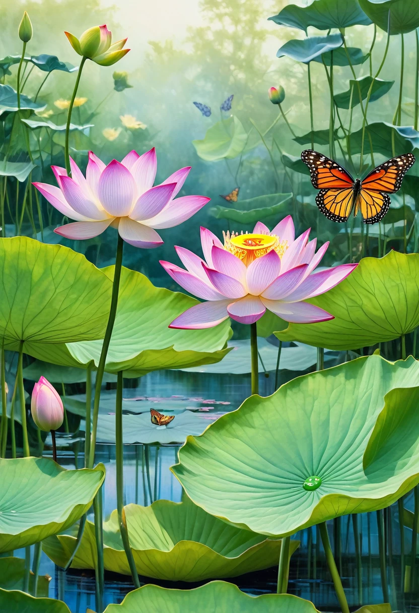 image of a butterfly sipping nectar from a realistic and detailed lotus flower amidst the tranquility of an overgrown Garden oasis.