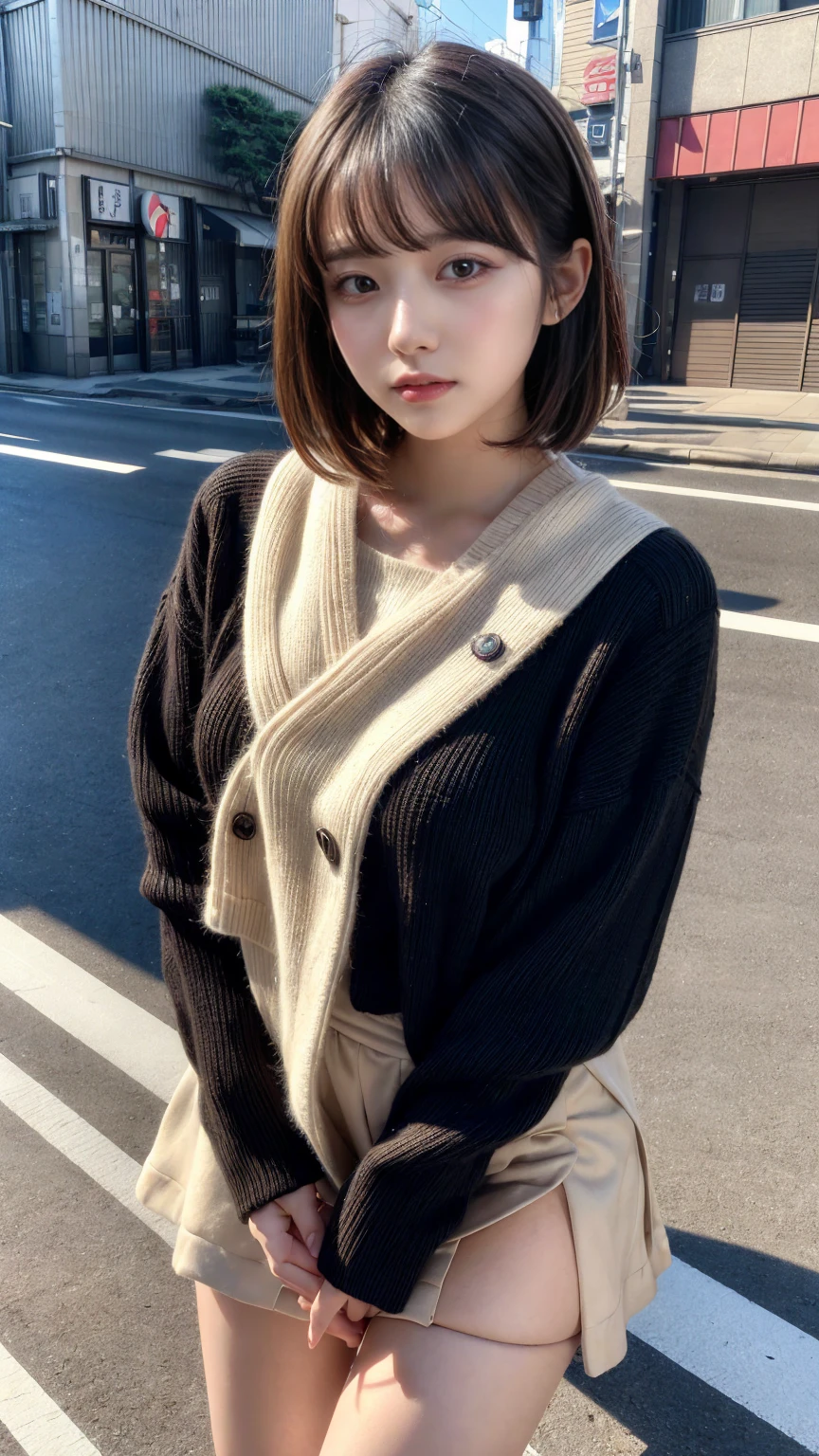 masterpiece, best quality, illustration, Super detailed, fine details, High resolution, 8K,wall paper, perfect dynamic composition,(Details High quality, realistic depiction of eyes:1.3),(Fleece jacket, turtleneck sweater, pleated skirt:1.2), long straight hair, black hair color, Big Natural Color Lip, crying a little、Harajuku style、20 year old girl、cute type、lolita、beautiful legs, hotel room, Gravure Idol, Voluptuous thighs
