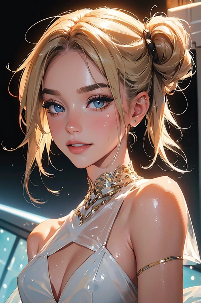 ((((masterpiece, best quality, high resolution)))), Extremely detailed 8K, Beautiful girl with slender body, e-girl, (Ultra HD, Ultra-detailed, Highly detailed, Highly realistic, Ultra-realistic, photograph realistic), (1girl:1.5), (Realistic blonde hair with dark roots), wavy hair, boho bob cut,(dark makeup, pink eyeshadow), facing at camera, light smile, (white and gold outfit, see through clothes, wet skin, transparent). (space cruise), coy grin