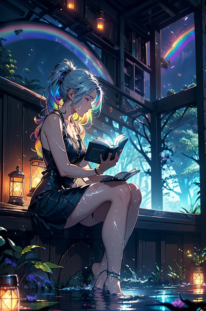Beautiful woman in profile, Sitting, Crossing your legs, Gray Hair, Long sideburns, Gray Hair, bluish eyes, (((Bare feet in water, Reading a book with black pages, Glowing letters coming out of a book))), Neon flowers and fireflies glowing in the black forest and darkness, {Highly detailed 16K CG unit wallpaper}, Vast landscape photography, (A low-key perspective that focuses on characters and settings), (Wide field view), ( Low angle photo), (highlight: 1.2), (Low Light: 1.7), (Warm light source: 1.2), Intricate details, (Rainbow colors: 1.5), (Bright lighting), (Atmospheric lighting),(Beautiful composition)