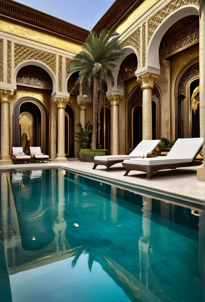 a close up of a pool with lounge chairs and a palm tree, a pool inside the giant palace, luxurious environment, luxury lifestyle, extremely opulent, in a futuristic desert palace, luxurious, gold and luxury materials, hyper luxurious, luxury and elite, futuristic persian palace, luxury castle, opulence, incredible masterpiece, inside a grand, by derek zabrocki