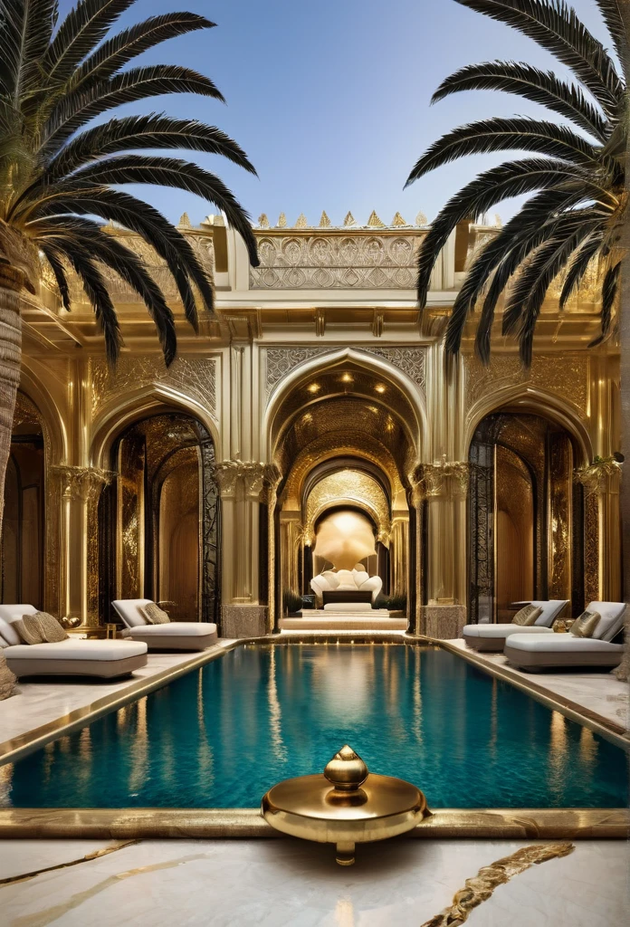 a close up of a pool with lounge chairs and a palm tree, a pool inside the giant palace, luxurious environment, luxury lifestyle, extremely opulent, in a futuristic desert palace, luxurious, gold and luxury materials, hyper luxurious, luxury and elite, futuristic persian palace, luxury castle, opulence, incredible masterpiece, inside a grand, by derek zabrocki