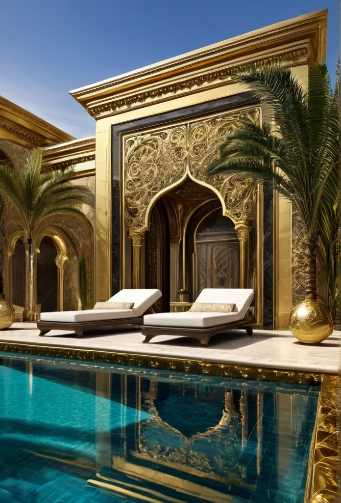 a close up of a pool with lounge chairs and a palm tree, a pool inside the giant palace, luxurious environment, luxury lifestyle, extremely opulent, in a futuristic desert palace, luxurious, gold and luxury materials, hyper luxurious, luxury and elite, futuristic persian palace, luxury castle, opulence, incredible masterpiece, inside a grand, by derek zabrocki