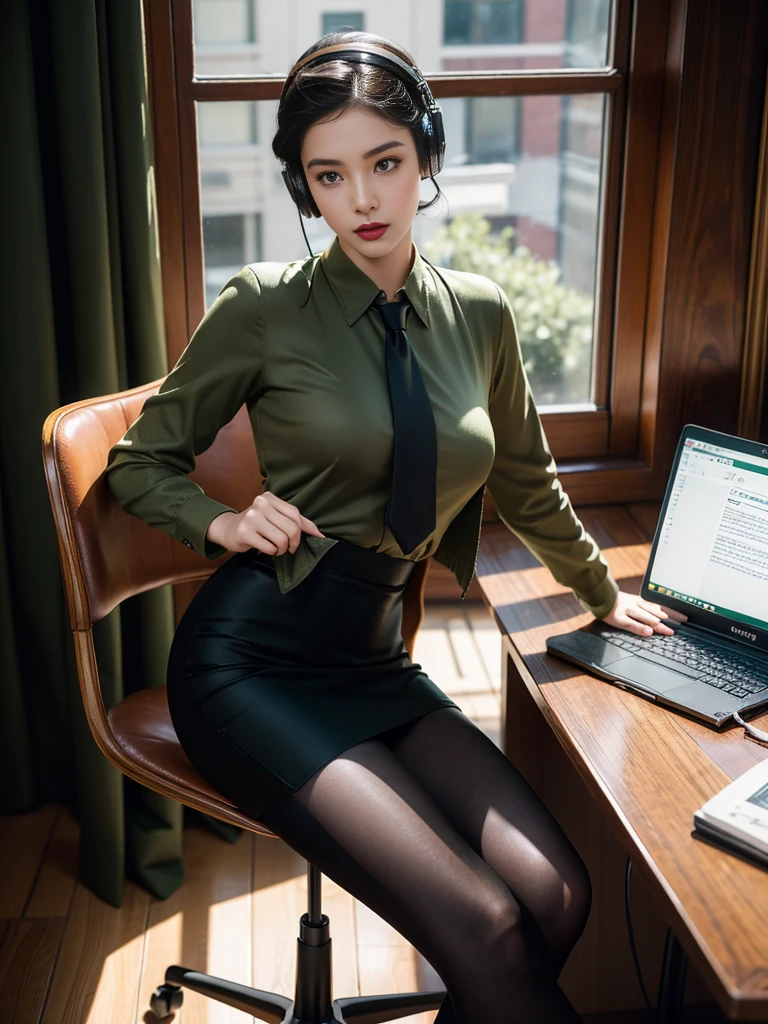 (full body),In the office, a Chinese beauty wearing a uniform, with perfect facial features, hot ass giri, lipstick, red lips, (Retro finger waves),finger waves,Deep olive green tight fitting wool jacket, a brown-green shirt,wearing (Black uniform tie),Deep Olive Green Wool Pencil Skirt, (Black high heeled knee high boots), full body, Wearing headphones on the head,Sitting in front of a computer and working, sitting in an office chair ,(Her boyfriend is standing across from her,) a girl, a boy, full body , office, night, bright lighting, Best quality, masterpiece, ultra highs, (photosensitive: 1.4), 8k portal of beautiful, integrated, elegantly, highly detailed, Majestic, art by artwork and run jia and greg rutkowski, (masterpiece, sidelighting, finely detailed beautiful eyes: 1.2), HDR, Detailed background,dressed in 1940s style clothing,Wear black headphones