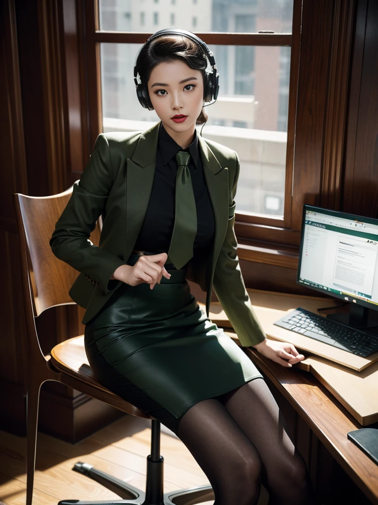 (full body),In the office, a Chinese beauty wearing a uniform, with perfect facial features, hot ass giri, lipstick, red lips, (Retro finger waves),finger waves,Deep olive green tight fitting wool jacket, a brown-green shirt,wearing (Black uniform tie),Deep Olive Green Wool Pencil Skirt, (Black high heeled knee high boots), full body, Wearing headphones on the head,Sitting in front of a computer and working, sitting in an office chair ,(Her boyfriend is standing across from her,) a girl, a boy, full body , office, night, bright lighting, Best quality, masterpiece, ultra highs, (photosensitive: 1.4), 8k portal of beautiful, integrated, elegantly, highly detailed, Majestic, art by artwork and run jia and greg rutkowski, (masterpiece, sidelighting, finely detailed beautiful eyes: 1.2), HDR, Detailed background,dressed in 1940s style clothing,Wear black headphones