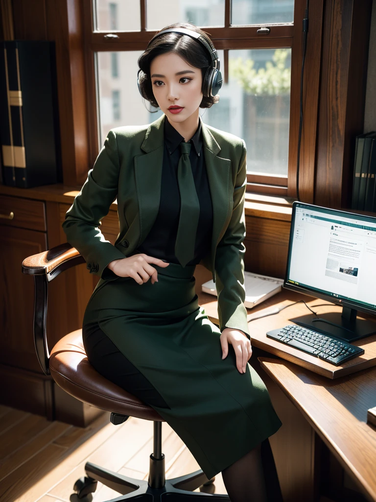 (full body),In the office, a Chinese beauty wearing a uniform, with perfect facial features, hot ass giri, lipstick, red lips, (Retro finger waves),finger waves,Deep olive green tight fitting wool jacket, a brown-green shirt,wearing (Black uniform tie),Deep Olive Green Wool Pencil Skirt, （Black high heeled knee high boots）,  full body, Wearing headphones on the head，Sitting in front of a computer and working, sitting in an office chair ,(Her boyfriend is standing across from her,) a girl, a boy, full body , office, night, bright lighting, Best quality, masterpiece, ultra highs, (photosensitive: 1.4), 8k portal of beautiful, integrated, elegantly, highly detailed, Majestic, art by artwork and run jia and greg rutkowski, (masterpiece, sidelighting, finely detailed beautiful eyes: 1.2), HDR, Detailed background,dressed in 1940s style clothing,Wear black headphones