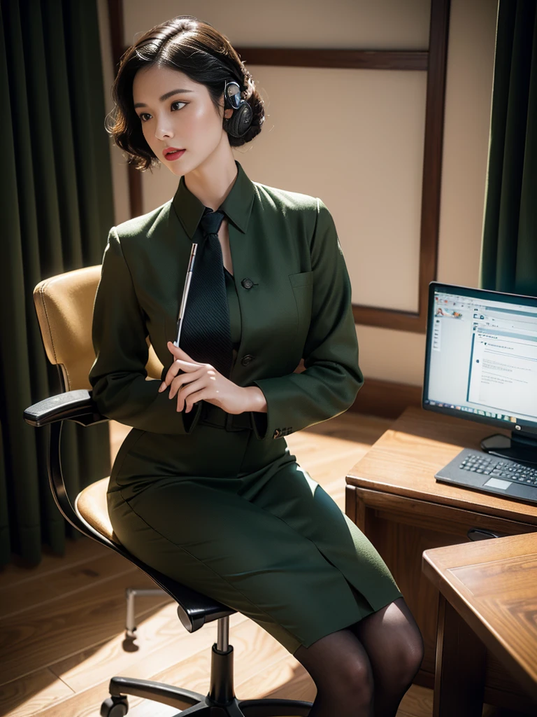 (full body),In the office, a Chinese beauty wearing a uniform, with perfect facial features, hot ass giri, lipstick, red lips, (Retro finger waves),finger waves,Deep olive green tight fitting wool jacket, a brown-green shirt,wearing (Black uniform tie),Deep Olive Green Wool Pencil Skirt, (Black high heeled knee high boots), full body, Wearing headphones on the head,Sitting in front of a computer and working, sitting in an office chair ,(Her boyfriend is standing across from her,) a girl, a boy, full body , office, night, bright lighting, Best quality, masterpiece, ultra highs, (photosensitive: 1.4), 8k portal of beautiful, integrated, elegantly, highly detailed, Majestic, art by artwork and run jia and greg rutkowski, (masterpiece, sidelighting, finely detailed beautiful eyes: 1.2), HDR, Detailed background,dressed in 1940s style clothing,Wear black headphones