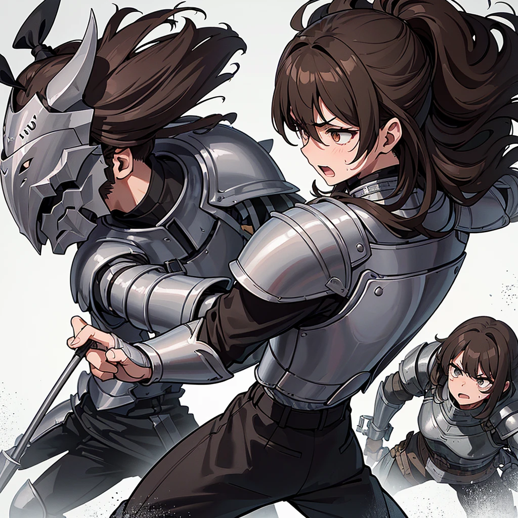 Best illustrations、Best Quality、(((Simple grey armor、Black trousers、Black gloveedium Hair、Brown Hair、Plate Armor、20 year old man)))、(((Fighting Pose)))、(Old ruins、desert。Grass)、Fall to the floor、(Black, muddy swamp)、(中世の騎士が10 people)、(Close your eyes、get annoyed、Open your mouth、Get angry、Sweat)、(lots of medieval knights、10 people)、battlefield、(back view)、(White background)