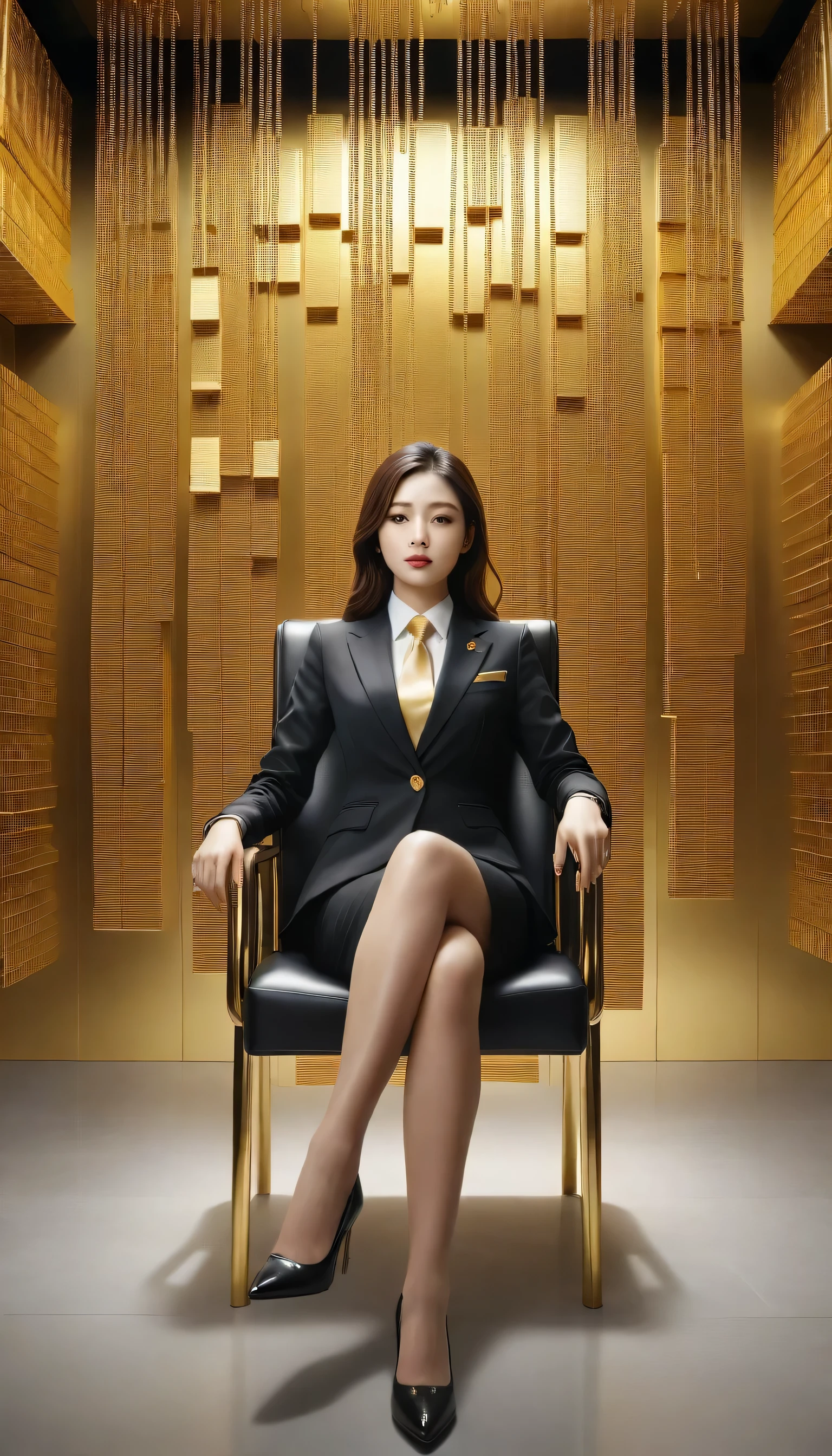 There are lots of gold bars hanging on the wall, Woman sitting on chair, Girl in suit, Girl in suit, Businesswoman, Woman in a business suit, Wearing a strict business suit, a surreal , Wearing a business suit, Irelia, Jaeyoung Nam, surreal , sakimichan, In a strict suit