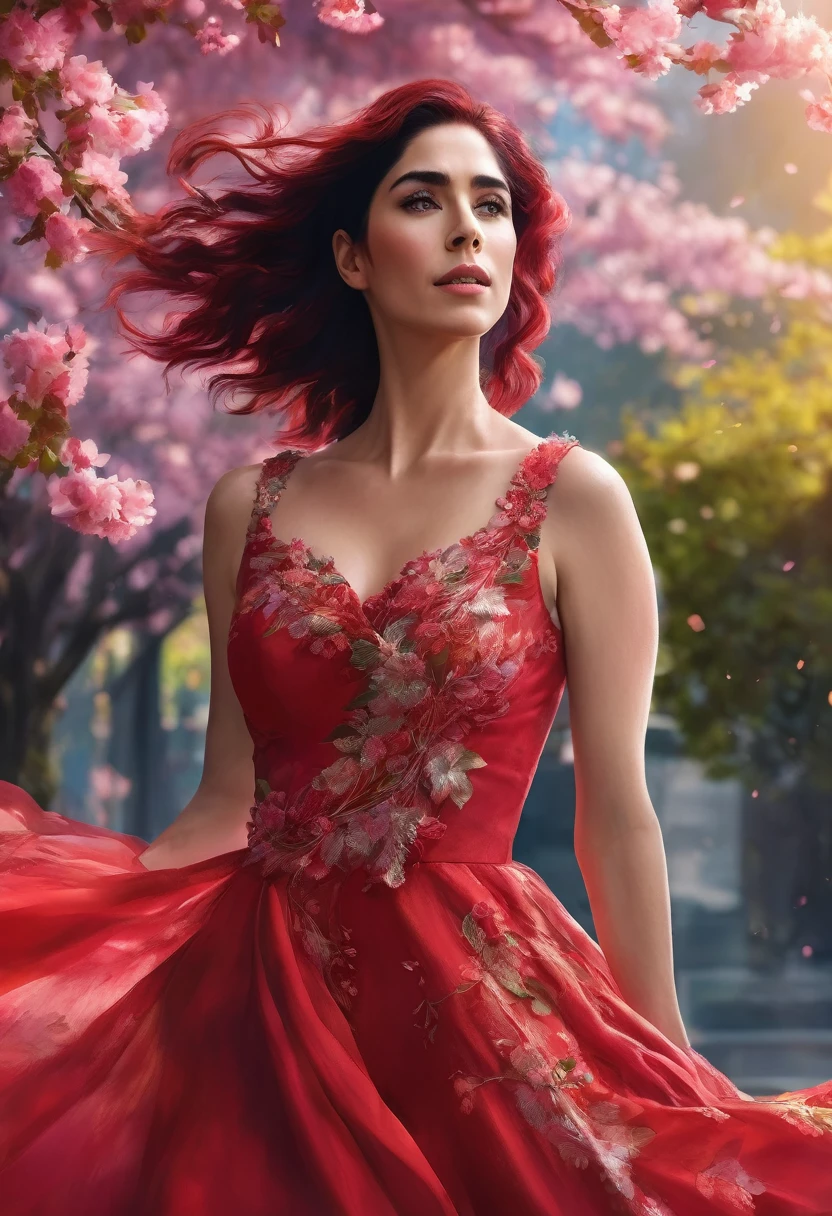 Description: Immerse yourself in a world of vibrant beauty with this stunning, ultra-detailed 4D 8K HD image that captures the essence of Sarah Silverman in her element, her red hair flying in the wind. . Imagine her gracefully strolling through a park adorned with a stunning array of cherry blossoms., roses and vibrant foliage, Every petal and leaf depicted in vivid detail.
Sarah exudes youthful elegance as she wears a fashionable red dress made from bright, vibrant fabrics that flow effortlessly around her.. The dress itself becomes a canvas for the natural world, seamlessly merging with the lush surroundings to create a harmonious fusion of fashion and nature.
As Sarah walks through the picturesque garden, a soft breeze dances in the air, making the delicate rose petals sway to the rhythm of her elegant steps. The scene is bathed in the warm glow of a 1028k HDR display, bringing every shade and texture to life with unparalleled clarity and vibrancy., photo
