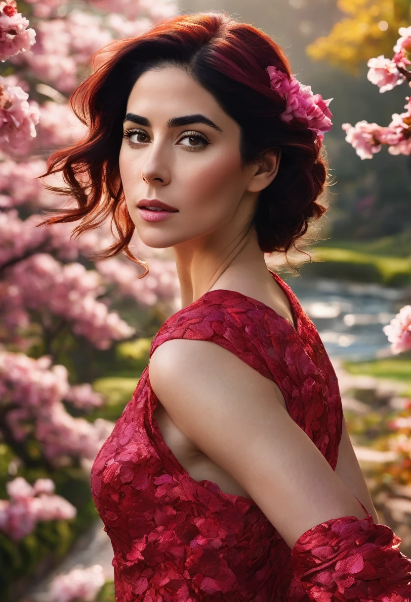 Description: Immerse yourself in a world of vibrant beauty with this stunning, ultra-detailed 4D 8K HD image that captures the essence of Sarah Silverman in her element, her red hair flying in the wind. . Imagine her gracefully strolling through a park adorned with a stunning array of cherry blossoms., roses and vibrant foliage, Every petal and leaf depicted in vivid detail.
Sarah exudes youthful elegance as she wears a fashionable red dress made from bright, vibrant fabrics that flow effortlessly around her.. The dress itself becomes a canvas for the natural world, seamlessly merging with the lush surroundings to create a harmonious fusion of fashion and nature.

As Sarah walks through the picturesque garden, a soft breeze dances in the air, making the delicate rose petals sway to the rhythm of her elegant steps. The scene is bathed in the warm glow of a 1028k HDR display, bringing every shade and texture to life with unparalleled clarity and vibrancy., photo