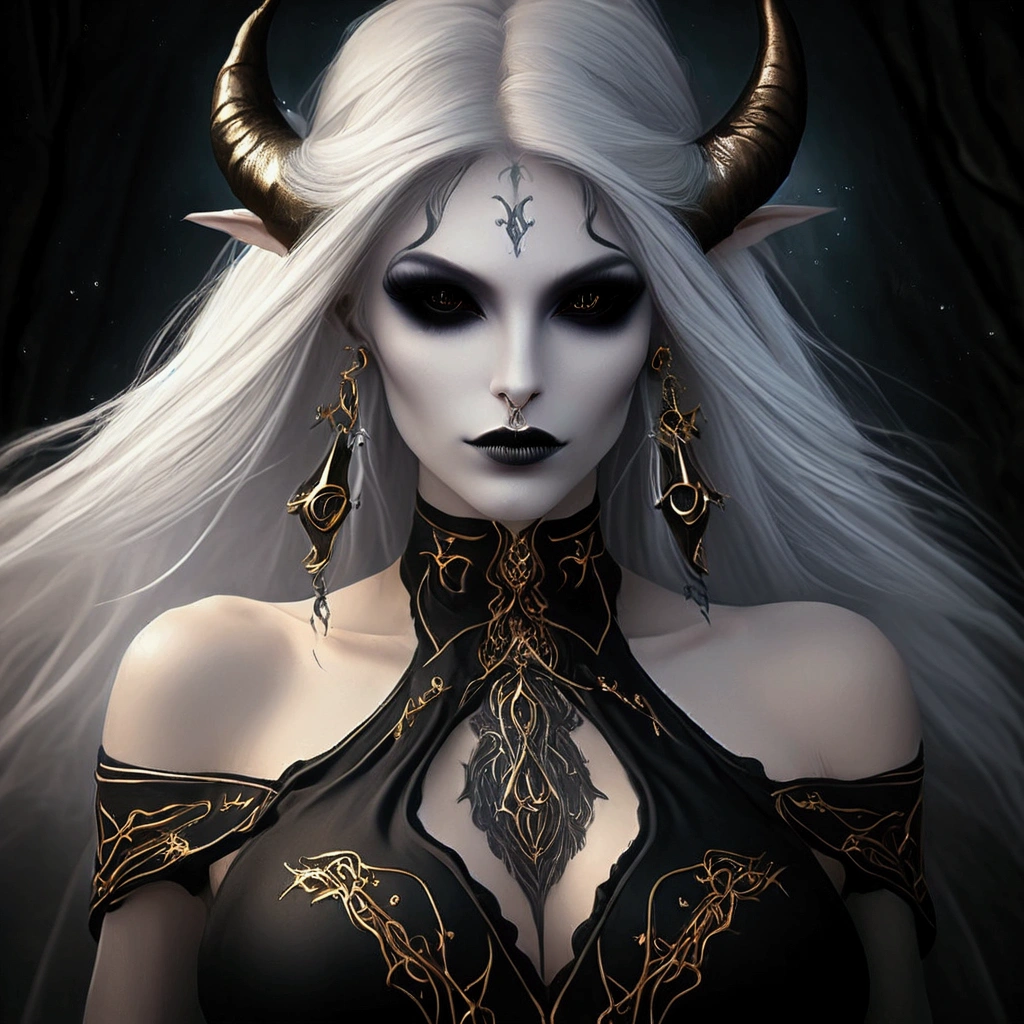 blond woman with horns and a black dress with gold accents, beautiful dark elf countess, white horns queen demon, dark elf princess, beautiful elegant demon queen, dark elf, in style of dark fantasy art, portrait of a dark goddess, dark elf maiden, gothic fantasy art, dark fantasy style art, portrait of a dark fantasy nymph, dark fantasy portrait, dark fantasy art