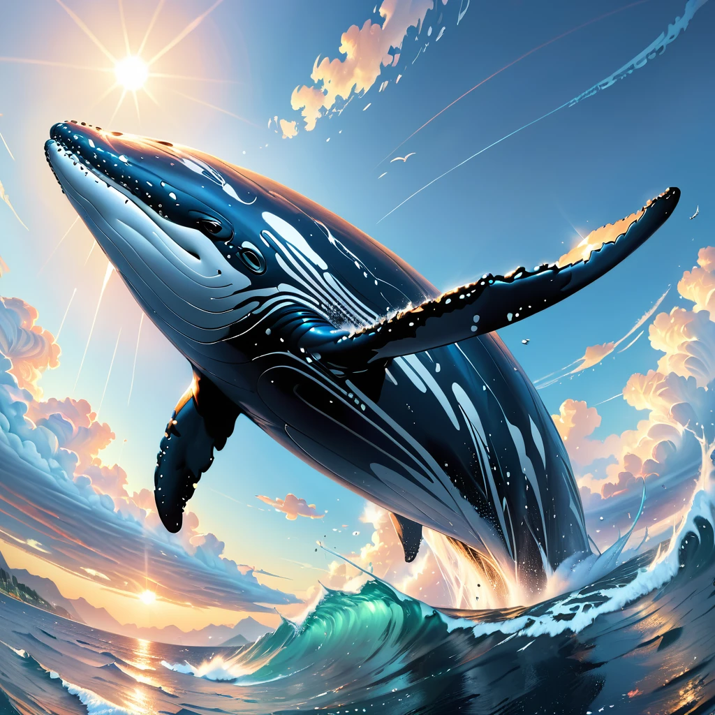 Humpback whale soar high in the sky, (masterpiece:1.2), best quality, high quality, ultra high res, (hyper detailed), absurdres, absolutely resolution,4K, ultra HD, insanely detailed and intricate, high resolution, HDR, aesthetic,