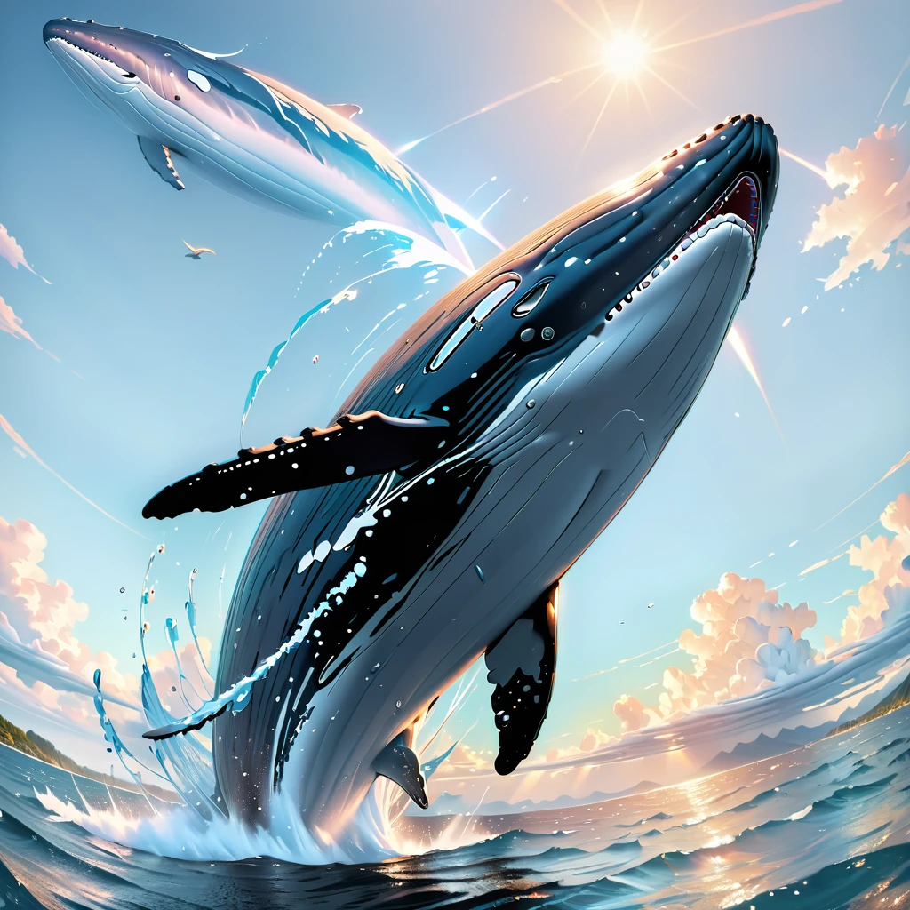 Humpback whale soar high in the sky, (masterpiece:1.2), best quality, high quality, ultra high res, (hyper detailed), absurdres, absolutely resolution,4K, ultra HD, insanely detailed and intricate, high resolution, HDR, aesthetic,