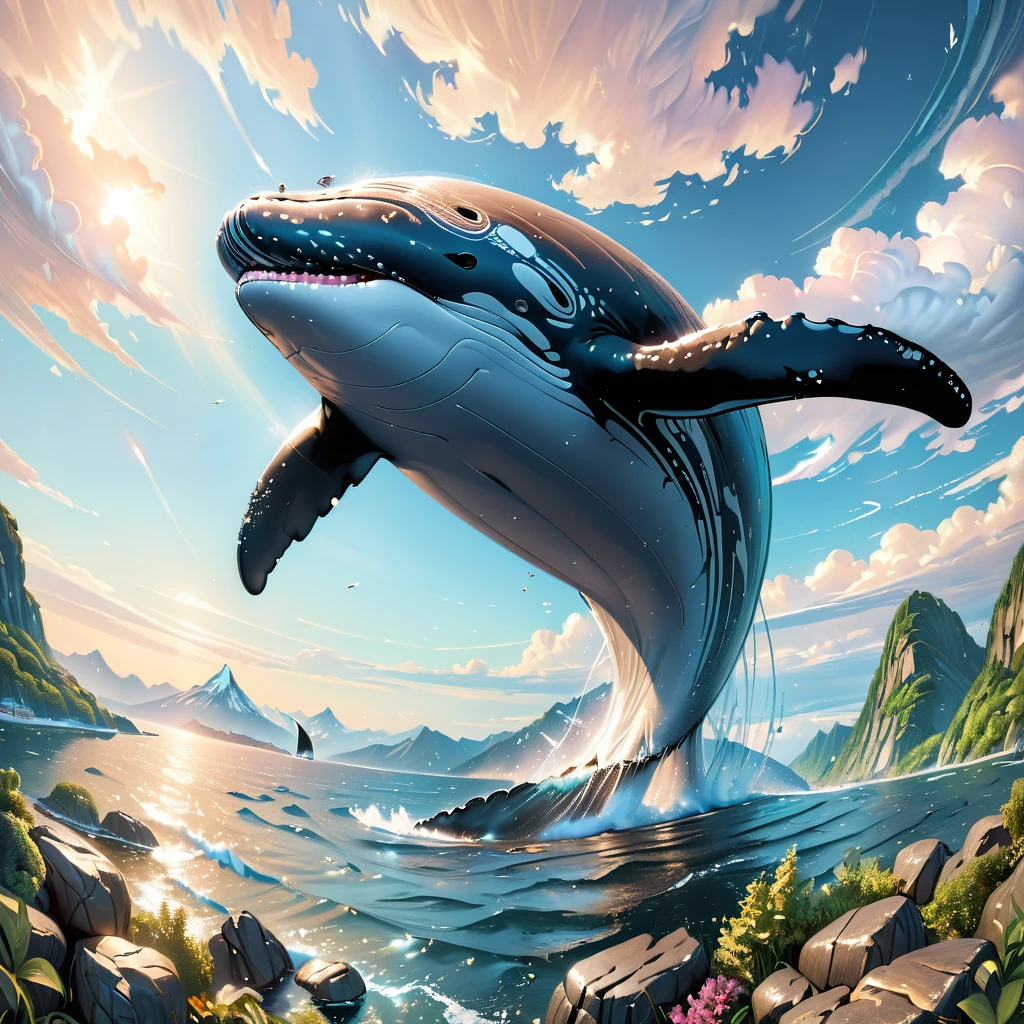 Humpback whale soar high in the sky, (masterpiece:1.2), best quality, high quality, ultra high res, (hyper detailed), absurdres, absolutely resolution,4K, ultra HD, insanely detailed and intricate, high resolution, HDR, aesthetic,