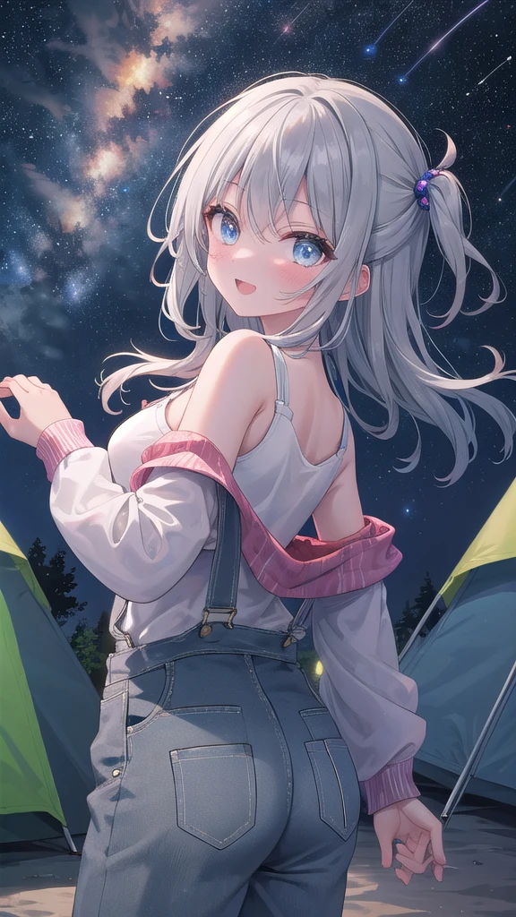 (8k, best quality, master piece: 1.2),super high resolution,1 girl, 独奏, colorshift eyes, hyperdetailed, expressive eyes, ultra-detailed face, ass pov, Overalls、Long sleeve T-shirt、Random hairstyle、silver gray hair、Midnight、camp site、starry skies, Collarbone, Ecstatic expression, wariza, cowboy shot, Astronomical observation、Starry Sky