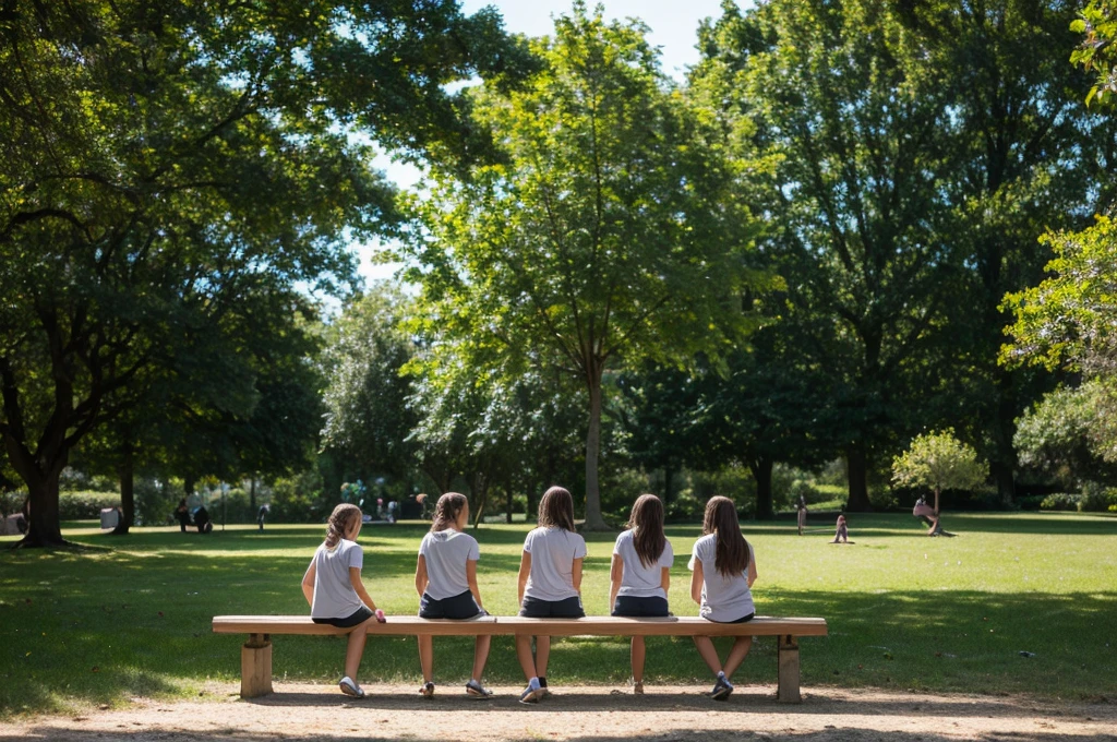 Create a highly realistic close-up scene set in a picturesque park in Italy, featuring a -yeld Itan teenage glaining a lesson to four younger children bench.

 The 13-year-old girl stands confideny nto a den bench in the park, wearing a stylish outfit: a T-shirt tied at the waist showing her midriff and colorful shorts. She has shoulder-length brown hair tied in a ponytail and her expression is focused and engaging as she gestures with her hands, explaining the lesson.
 Sitting on the bench are four younger girls, aged between 7 and 9, who listen attentively to the older one. They wear casual summer clothes, with colorful T-shirts and shorts, and their expressions range from curious to excited. Some have notebooks or small tablets on their laps, taking notes or following the lesson.
 The park setting is lush and inviting, with tall trees providing shade and a backdrop of well-tended gardens and walking paths. The sun filters through the leaves, casting a dappled light on the scene, and a light breeze rustles the leaves, helping to create a serene atmosphere.
 In the background, other park visitors can be seen walking, jogging or sitting on other benches, enjoying the good weather. A nearby fountain adds the soft, soothing sound of flowing water to the ambience.

This scene captures the essence of a peaceful, educational moment in a beautiful Italian park, with the teenager confidently leading the lesson and the younger girls participating enthusiastically. The detailed environment and engaging interaction between the girls create a realistic and heartwarming image, highlighting the joy of learning in a serene outdoor environment