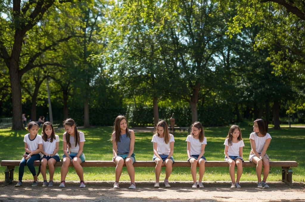 Create a highly realistic close-up scene set in a picturesque park in Italy, featuring a 13-year-old Italian teenage girl explaining a lesson to four younger children girls on a park bench.
The 13-year-old girl stands confidently next to a wooden bench in the park, wearing a stylish outfit: a T-shirt tied at the waist showing her midriff and colorful shorts. She has shoulder-length brown hair tied in a ponytail and her expression is focused and engaging as she gestures with her hands, explaining the lesson.
Sitting on the bench are four younger girls, aged between 7 and 9, who listen attentively to the older one. They wear casual summer clothes, with colorful T-shirts and shorts, and their expressions range from curious to excited. Some have notebooks or small tablets on their laps, taking notes or following the lesson.
The park setting is lush and inviting, with tall trees providing shade and a backdrop of well-tended gardens and walking paths. The sun filters through the leaves, casting a dappled light on the scene, and a light breeze rustles the leaves, helping to create a serene atmosphere.
In the background, other park visitors can be seen walking, jogging or sitting on other benches, enjoying the good weather. A nearby fountain adds the soft, soothing sound of flowing water to the ambience.
This scene captures the essence of a peaceful, educational moment in a beautiful Italian park, with the teenager confidently leading the lesson and the younger girls participating enthusiastically. The detailed environment and engaging interaction between the girls create a realistic and heartwarming image, highlighting the joy of learning in a serene outdoor environment
