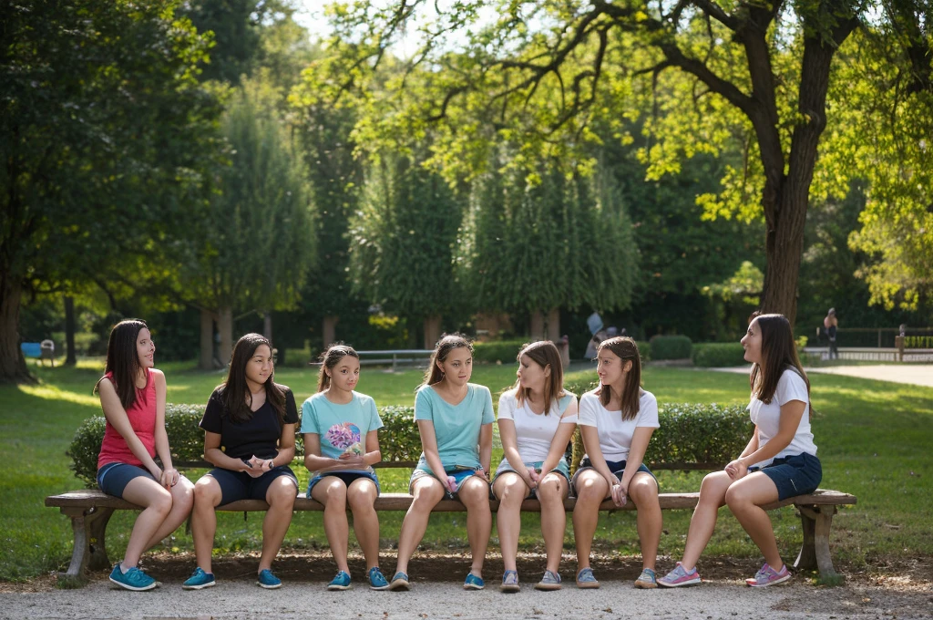 Create a highly realistic close-up scene set in a picturesque park in Italy, featuring a 13-year-old Italian teenage girl explaining a lesson to four younger children girls on a park bench.
The 13-year-old girl stands confidently next to a wooden bench in the park, wearing a stylish outfit: a T-shirt tied at the waist showing her midriff and colorful shorts. She has shoulder-length brown hair tied in a ponytail and her expression is focused and engaging as she gestures with her hands, explaining the lesson.
Sitting on the bench are four younger girls, aged between 7 and 9, who listen attentively to the older one. They wear casual summer clothes, with colorful T-shirts and shorts, and their expressions range from curious to excited. Some have notebooks or small tablets on their laps, taking notes or following the lesson.
The park setting is lush and inviting, with tall trees providing shade and a backdrop of well-tended gardens and walking paths. The sun filters through the leaves, casting a dappled light on the scene, and a light breeze rustles the leaves, helping to create a serene atmosphere.
In the background, other park visitors can be seen walking, jogging or sitting on other benches, enjoying the good weather. A nearby fountain adds the soft, soothing sound of flowing water to the ambience.
This scene captures the essence of a peaceful, educational moment in a beautiful Italian park, with the teenager confidently leading the lesson and the younger girls participating enthusiastically. The detailed environment and engaging interaction between the girls create a realistic and heartwarming image, highlighting the joy of learning in a serene outdoor environment