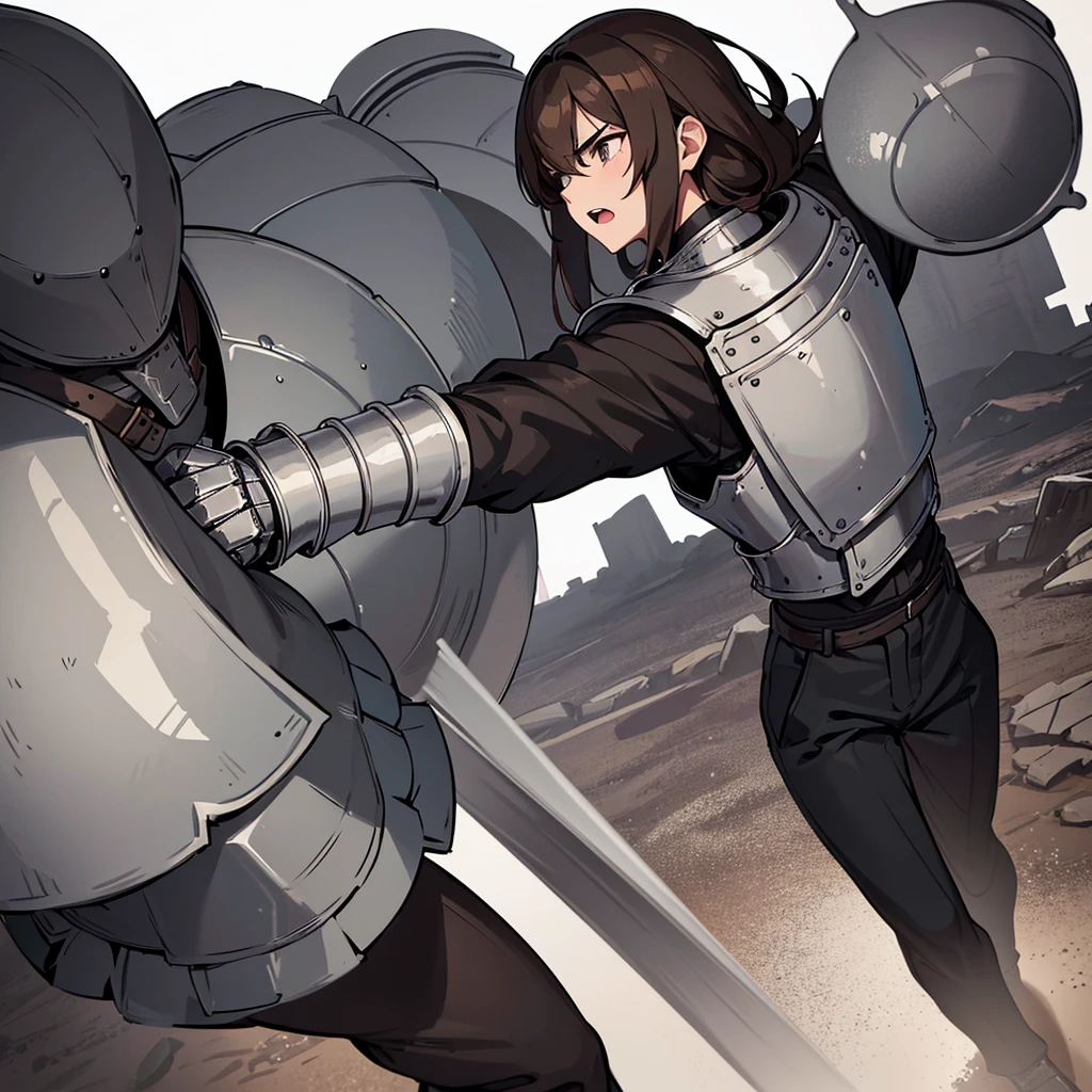 Best illustrations、Best Quality、(have a round shield)、(((Simple grey armor、Black trousers、Black gloveedium Hair、Brown Hair、Plate Armor、20 year old man)))、(((Fighting Pose)))、(Old ruins、desert。Grass)、(Black, muddy swamp)、(Medieval Knight)、(Close your eyes、get annoyed、Open your mouth、Get angry、Sweat)、battlefield、(From below)、(White background)