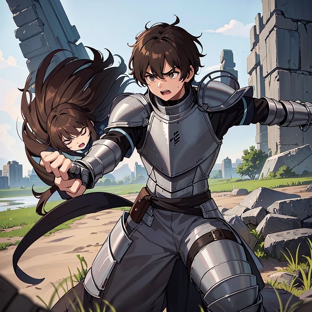 Best illustrations、Best Quality、(have a round shield)、(((Simple grey armor、Black trousers、Black gloveedium Hair、Brown Hair、Plate Armor、20 year old man)))、(((Fighting Pose)))、(Old ruins、desert。Grass)、(Black, muddy swamp)、(Medieval Knight)、(Close your eyes、get annoyed、Open your mouth、Get angry、Sweat)、battlefield、(From below)、(White background)