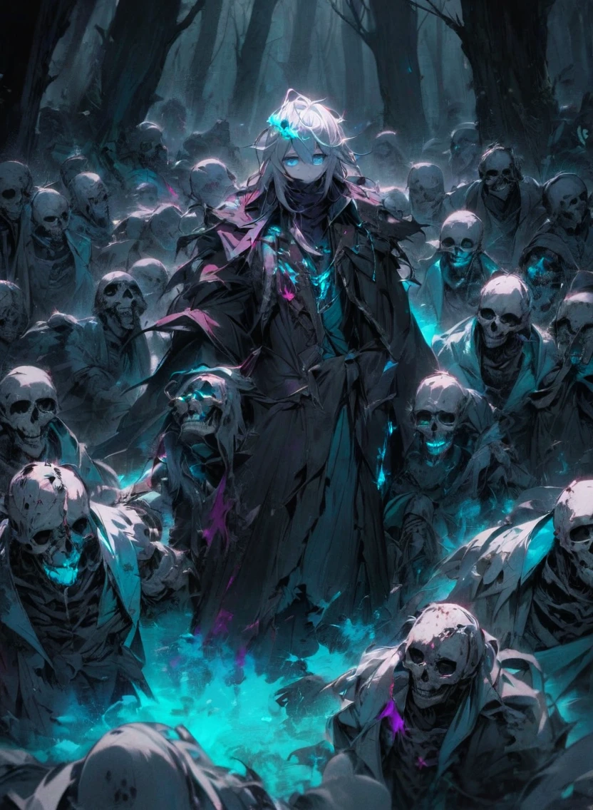 A warlock's patron, an undead king, with glowing blue eyes, in a dark forest, surrounded by a cold, cold color palette, a skeleton army in the background, wearing a bloodstained dress with a blood aura, The flesh is rotting.
