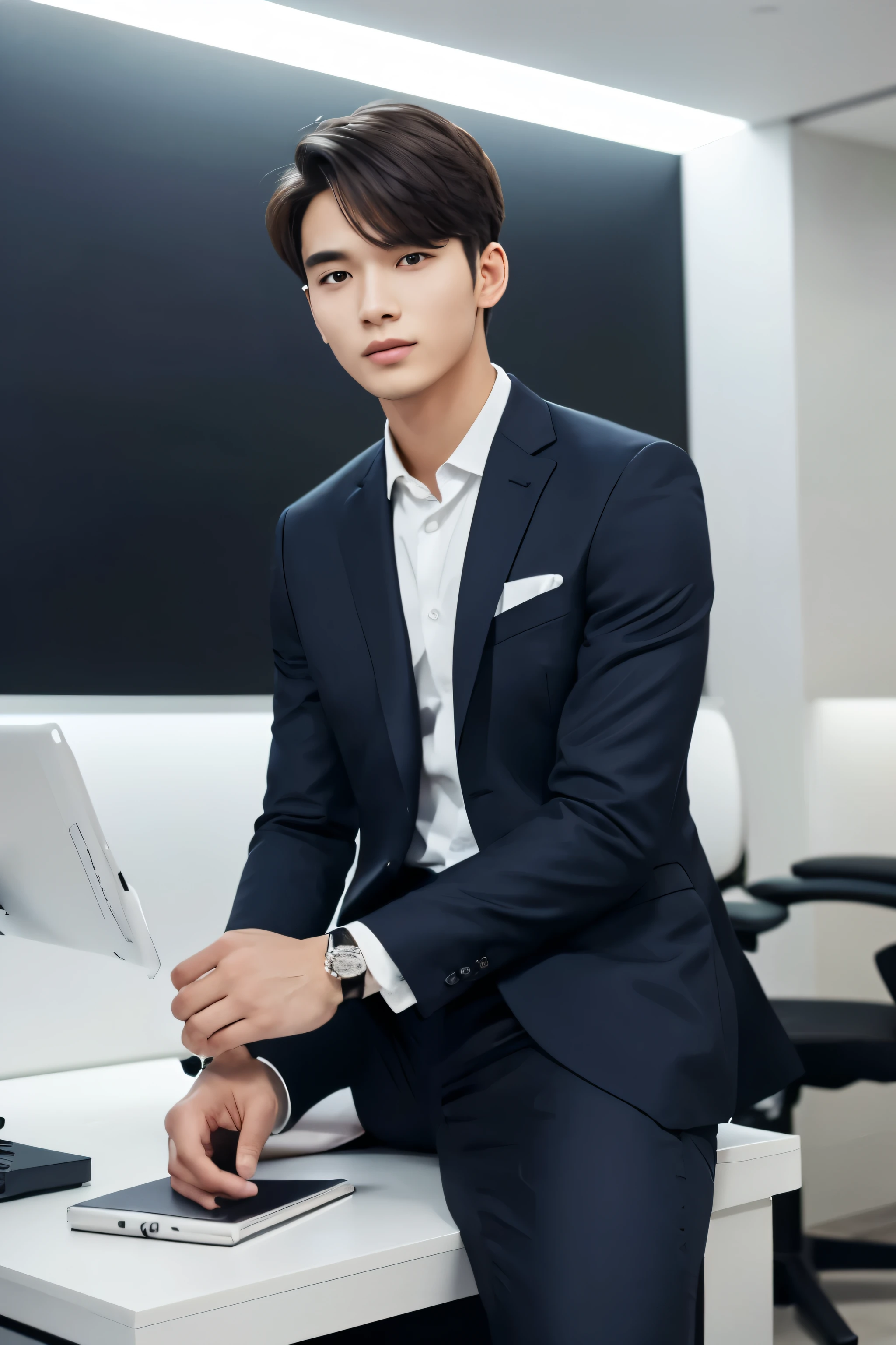 A 25-year-old professional salesman、Wearing a well-tailored suit、sitting confidently in his office chair。He has a short, neat hairstyle、Friendly、He has an unapproachable expression。In the background、The office is small and has walls with white wallpaper.、The lighting is bright and natural、It creates a professional and comfortable atmosphere