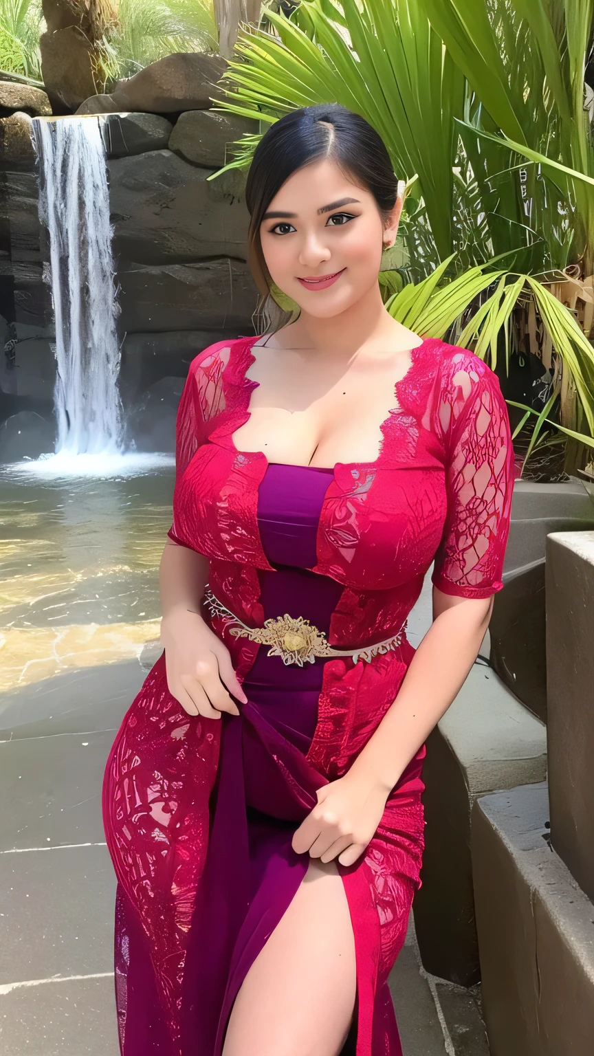 RAW, Best quality, high resolution, masterpiece: 1.3), beautiful Arabian woman, Masterpiece, rain, perfect wet soaked body, wet clothes, (huge breasts:1.5), cleavage cutout, open breast, black chignon hair, open stand, realistic, (heavy hairy pubic:1.3), Soft smile, thick thighs, woman standing in the waterfall in a dark red batik patterned kebaya short dress, she is about 20 years old, pale white skin, wearing a sexy red kebaya dress, arms up