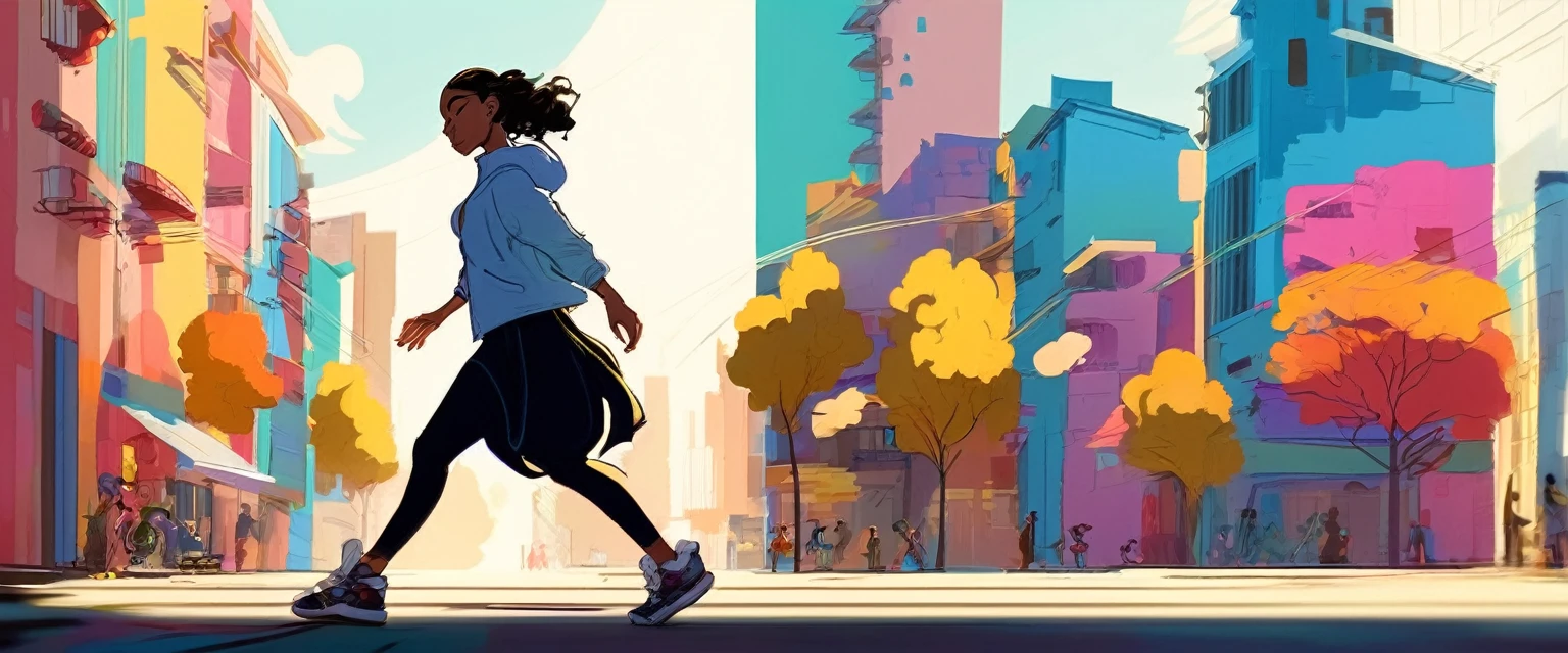 (Gendy Tartakovsky )(By Atey Gairan)
 Flat color concept art of one girl, 
Motion Lines, 
(detailed, Shadow, High Contrast) Textured characters, Digital, dream-like, Fantasy, figure, Manga and Anime, A surreal experience in the heart of a bustling city, A cheerful girl steps out onto a sunlit street, Her movements are exciting and blend with hip-hop rhythms.. Her body is comfortable々and moves accurately, Pulsating to the rhythm of the city, She attracts attention with her energetic dancing.. Each step and gesture is vivid., Spontaneous murals in the city&#39;s vibrant tapestry, Her passion is、Heat up the sidewalks with the energy and creativity of hip hop performances.