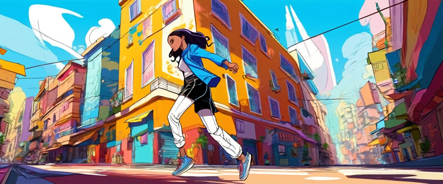 (Gendy Tartakovsky )(By Atey Gairan)
 Flat color concept art of one girl, 
Motion Lines, 
(detailed, Shadow, High Contrast) Textured characters, Digital, dream-like, Fantasy, figure, Manga and Anime, A surreal experience in the heart of a bustling city, A cheerful girl steps out onto a sunlit street, Her movements are exciting and blend with hip-hop rhythms.. Her body is comfortable々and moves accurately, Pulsating to the rhythm of the city, She attracts attention with her energetic dancing.. Each step and gesture is vivid., Spontaneous murals in the city&#39;s vibrant tapestry, Her passion is、Heat up the sidewalks with the energy and creativity of hip hop performances.