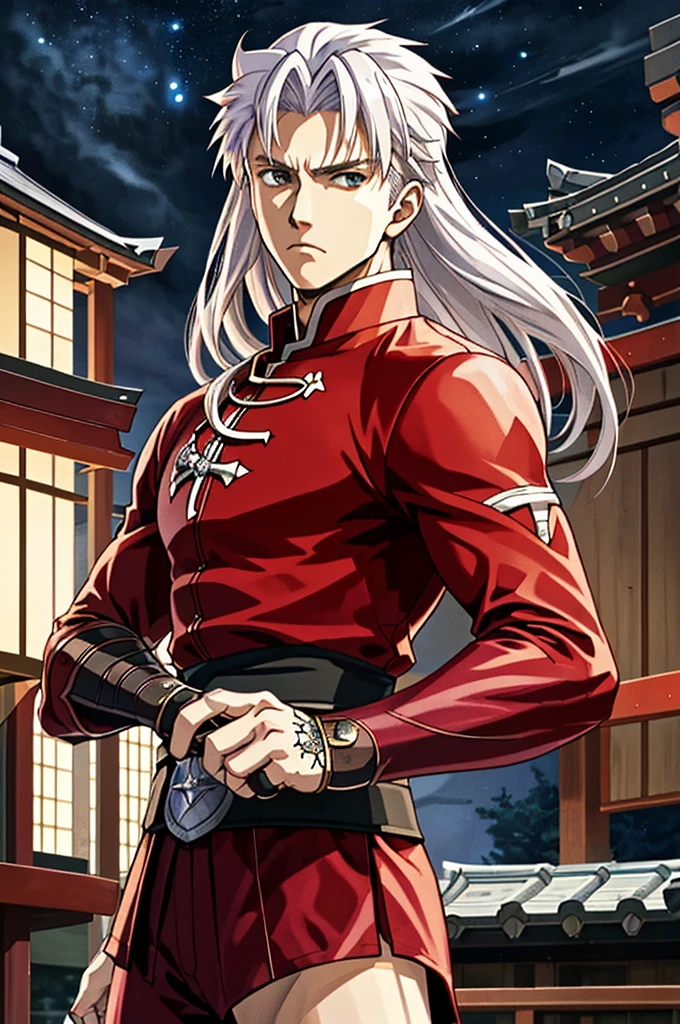 Highest quality，High resolution， ((Fate stay night)) ，（Archer），One person，Martial Artist，Two-Way，（Red_coat），male，One personで，strongest，Anime Style，（white_Hair Color）（Night Sky_background），(Limbs)，(Full Finger)，(Accurate fingertips), (The finer details), (Super detailed)，(Japanese sword:)，4K，(high resolution)，whole body, (Front angle), Looking at the camera,masterpiece，(Subtle details)，(Intricate details)，Octane Rendering，(Hyper Detail)，