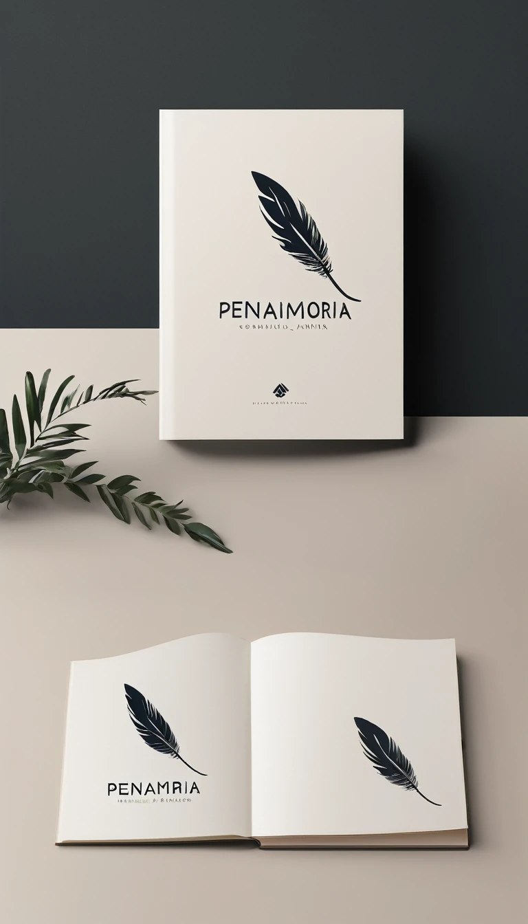 A minimal, high quality, modern, simple, cinematic symbol design for the brand “Penamemoria". The logotype must be a simple, magical feather and a boy playing acoustic guitar. The logo must convey a sense of music, stories and dreams. Logo design impressed on a book cover. Minimalistic logo