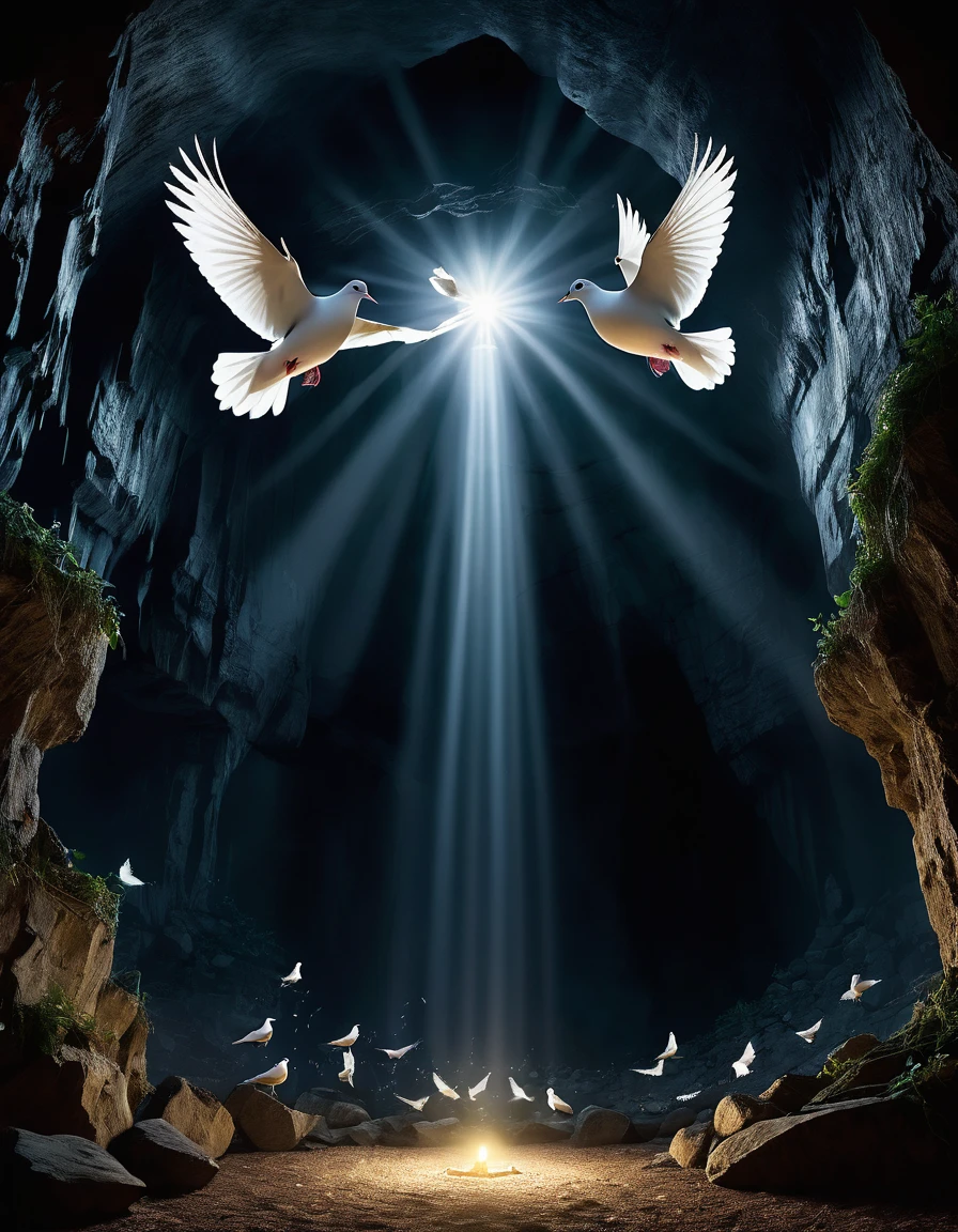 "An ethereal scene featuring a dark cavern illuminated by a single beam of light shining from above. In the center of the light beam, a 3 white doves are gracefully flying upwards, symbolizing freedom and peace. At the base of the light, broken chains and shackles lie on the ground, suggesting liberation from captivity. The surrounding cave walls are rugged and dark, contrasting with the serene and hopeful ambiance created by the light and doves."