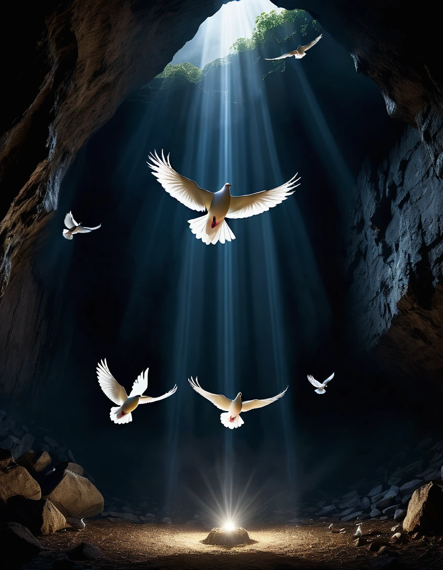 "An ethereal scene featuring a dark cavern illuminated by a single beam of light shining from above. In the center of the light beam, a 3 white doves are gracefully flying upwards, symbolizing freedom and peace. At the base of the light, broken chains and shackles lie on the ground, suggesting liberation from captivity. The surrounding cave walls are rugged and dark, contrasting with the serene and hopeful ambiance created by the light and doves."