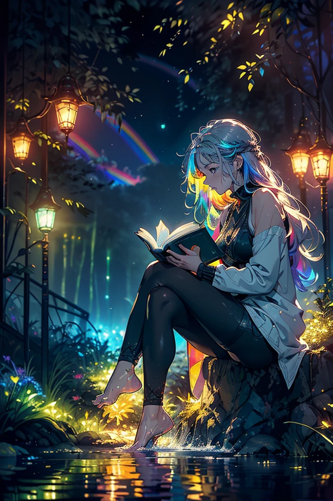 Beautiful woman in profile, Sitting, Crossing your legs, Gray Hair, Long sideburns, Gray Hair, bluish eyes, (((Bare feet in water, Reading a book with black pages, Glowing letters coming out of a book))), Neon flowers and fireflies glowing in the black forest and darkness, {Highly detailed 16K CG unit wallpaper}, Vast landscape photography, (A low-key perspective that focuses on characters and settings), (Wide field view), ( Low angle photo), (highlight: 1.2), (Low Light: 1.7), (Warm light source: 1.2), Intricate details, (Rainbow colors: 1.5), (Bright lighting), (Atmospheric lighting),(Beautiful composition)(colorful)