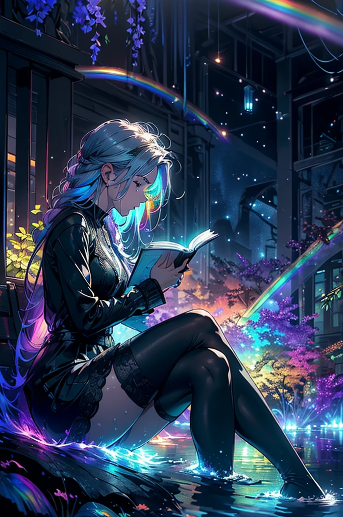 Beautiful woman in profile, Sitting, Crossing your legs, Gray Hair, Long sideburns, Gray Hair, bluish eyes, (((Bare feet in water, Reading a book with black pages, Glowing letters coming out of a book))), Neon flowers and fireflies glowing in the black forest and darkness, {Highly detailed 16K CG unit wallpaper}, Vast landscape photography, (A low-key perspective that focuses on characters and settings), (Wide field view), ( Low angle photo), (highlight: 1.2), (Low Light: 1.7), (Warm light source: 1.2), Intricate details, (Rainbow colors: 1.5), (Bright lighting), (Atmospheric lighting),(Beautiful composition)(colorful)
