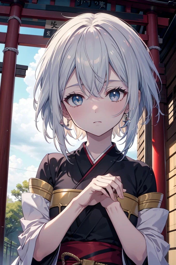 It&#39;s morning, shino asada,Short Hair Blue Eyes, Blue Hair, hair ornaments, Hair between the eyes, Hair Clip,Side Lock, Glasses, (Small breasts:1.2),Cat ear,Cat&#39;s Tail Platycodon,Miko, kimono, kimono, As with the skirt, Wide sleeves, Long sleeve, Red Hakama,White tabi,Sandals,smile,blush,Ribbon-trimmed sleeves, whole bodyがイラストに入るように,
break looking at viewer,whole body,
break outdoors, shrine,torii,
break (masterpiece:1.2), Highest quality, High resolution, unity 8k wallpaper, (figure:0.8), (Beautiful attention to detail:1.6), Highly detailed face, Perfect lighting, Highly detailed CG, (Perfect hands, Perfect Anatomy),