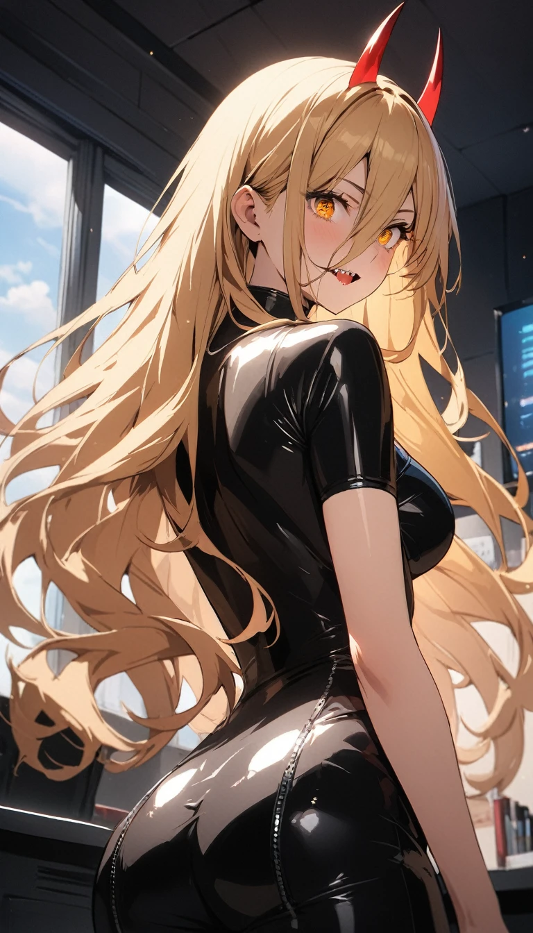 1girl, PowerV2, long hair, blonde hair, (red horns:1.1), (cross-shaped pupils:1.3), symbol-shapedpupils, yellow eyes, sharp teeth, BREAK wear tight black latex clothes BREAK black tight latex pants, view from behind, BREAK indoors, office, BREAK (masterpiece:1.2), best quality, high resolution, unity 8k wallpaper, (illustration:0.8), (beautiful detailed eyes:1.6), extremely detailed face, perfect lighting, extremely detailed CG, (perfect hands, perfect anatomy),
