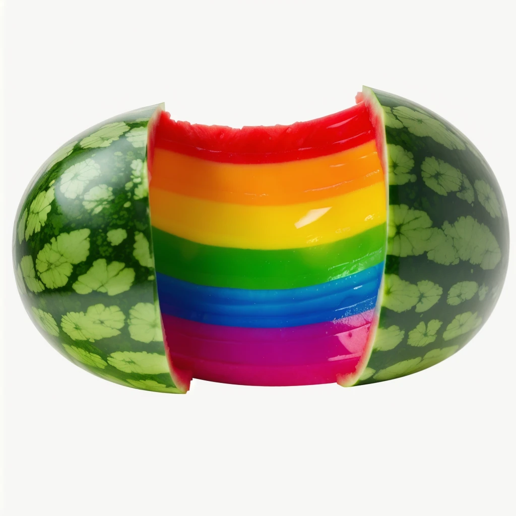 Watermelon divided into two parts, Rainbow gum comes out of a watermelon, stretch rainbow gum, on a white background, high-quality render, high-quality render, bright lighting, Realistic style , realistic texture, detailed texture, a high resolution, high quality, macro photography 