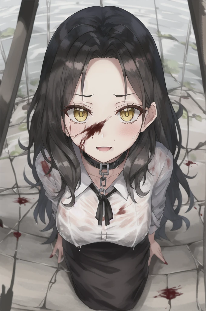 score_9, score_8_above, score_7_above, fountain_cheered up:1, 1 girl, (mature woman:1.2), aboveper body, In the rain, desde el forehead, looking at the viewer, black fur, wide, messy hair, forehead, yellow eyes, bright Eyes, long eyelashes, sharp eyelashes, medium breasts, White shirt, collar shirt, black tactical sling, Luz outfit, soft shadows, IncrsXLBrknGls, broken glass, reflection, blood on the face, blood on clothes, chain on the neck
