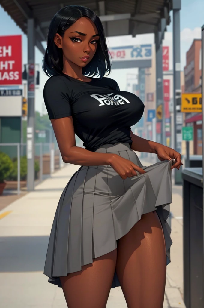 skirt, cloth bulge, 1girl, futanari, dark_skin, black_hair, t-shirt, large_breasts, erection_under_clothes,, beautiful, (masterpiece:1.2), (best quality:1.2), perfect eyes, perfect face,