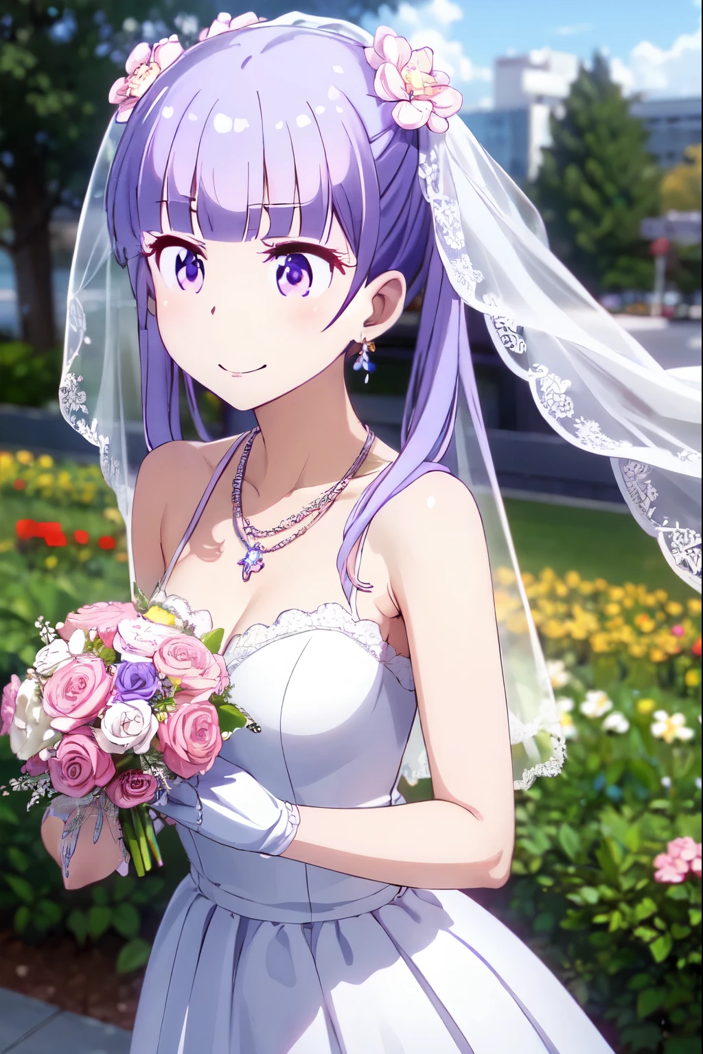 High resolution、超High resolution、garden、grassland、Qingye cool breeze, Aoba Suzukaze、Eyebrow, hair ornaments, Long Hair, (Purple eyes:1.1), Purple Hair, Twin tails, smile、Wedding dress,(Bridal Veil:1.5),(transparent short veil：1.5),In his hands he holds a bouquet of flowers,Pure white dress，necklace，Earrings，Cute breasts，bangs，lipstick，（Lace gloves：1.3）,long white dress、Cowboy Shot、(Genuine、Realistic、Realistic)、Ultra-fine painting、Sharp focus、Physically Based Rendering、Cowboy Shot,(Moe:1.10)