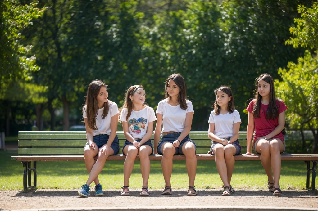 Create a highly realistic very close-up scene set in a picturesque park in Italy, featuring a 13-year-old Italian teenage girl explaining a lesson to four younger children girls on a park bench.
The 13-year-old girl stands confidently next to a wooden bench in the park, wearing a stylish outfit: a T-shirt tied at the waist showing her midriff and colorful shorts. She has shoulder-length brown hair tied in a ponytail and her expression is focused and engaging as she gestures with her hands, explaining the lesson.
Sitting on the bench are four younger girls, aged between 7 and 9, who listen attentively to the older one. They wear casual summer clothes, with colorful T-shirts and shorts, and their expressions range from curious to excited. Some have notebooks or small tablets on their laps, taking notes or following the lesson.
The park setting is lush and inviting, with tall trees providing shade and a backdrop of well-tended gardens and walking paths. The sun filters through the leaves, casting a dappled light on the scene, and a light breeze rustles the leaves, helping to create a serene atmosphere.
In the background, other park visitors can be seen walking, jogging or sitting on other benches, enjoying the good weather. A nearby fountain adds the soft, soothing sound of flowing water to the ambience.
This scene captures the essence of a peaceful, educational moment in a beautiful Italian park, with the teenager confidently leading the lesson and the younger girls participating enthusiastically. The detailed environment and engaging interaction between the girls create a realistic and heartwarming image, highlighting the joy of learning in a serene outdoor environment