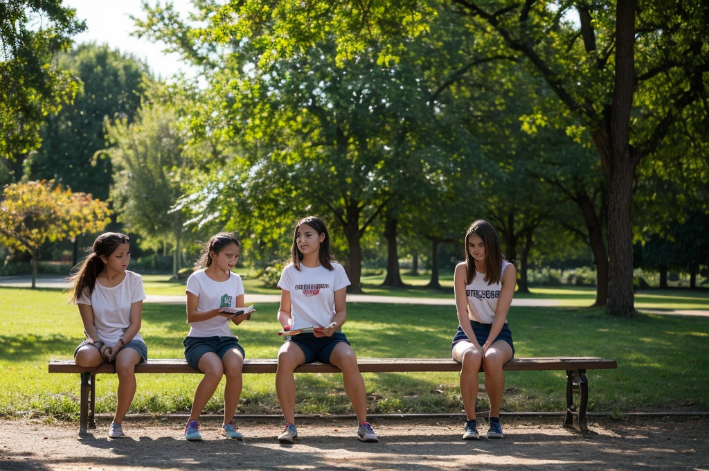 Create a highly realistic very close-up scene set in a picturesque park in Italy, featuring a 13-year-old Italian teenage girl explaining a lesson to four younger children girls on a park bench.
The 13-year-old girl stands confidently next to a wooden bench in the park, wearing a stylish outfit: a T-shirt tied at the waist showing her midriff and colorful shorts. She has shoulder-length brown hair tied in a ponytail and her expression is focused and engaging as she gestures with her hands, explaining the lesson.
Sitting on the bench are four younger girls, aged between 7 and 9, who listen attentively to the older one. They wear casual summer clothes, with colorful T-shirts and shorts, and their expressions range from curious to excited. Some have notebooks or small tablets on their laps, taking notes or following the lesson.
The park setting is lush and inviting, with tall trees providing shade and a backdrop of well-tended gardens and walking paths. The sun filters through the leaves, casting a dappled light on the scene, and a light breeze rustles the leaves, helping to create a serene atmosphere.
In the background, other park visitors can be seen walking, jogging or sitting on other benches, enjoying the good weather. A nearby fountain adds the soft, soothing sound of flowing water to the ambience.
This scene captures the essence of a peaceful, educational moment in a beautiful Italian park, with the teenager confidently leading the lesson and the younger girls participating enthusiastically. The detailed environment and engaging interaction between the girls create a realistic and heartwarming image, highlighting the joy of learning in a serene outdoor environment