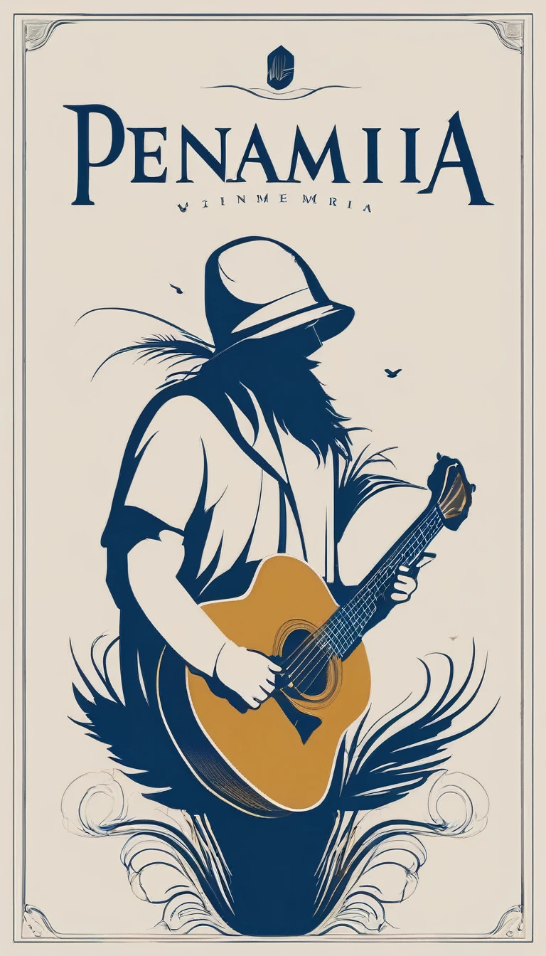 A minimal, modern, simple, cinematic logo design for the brand “Penamemoria". The logo design must be a simple, silhouette of a boy, standing up, playing acoustic guitar and fantasy feather by his side. The logo must convey a sense of music, stories, memories and dreams. Logo design impressed on a book cover. Minimalistic logo. Light blue, white and soft golden as colors for the logo design