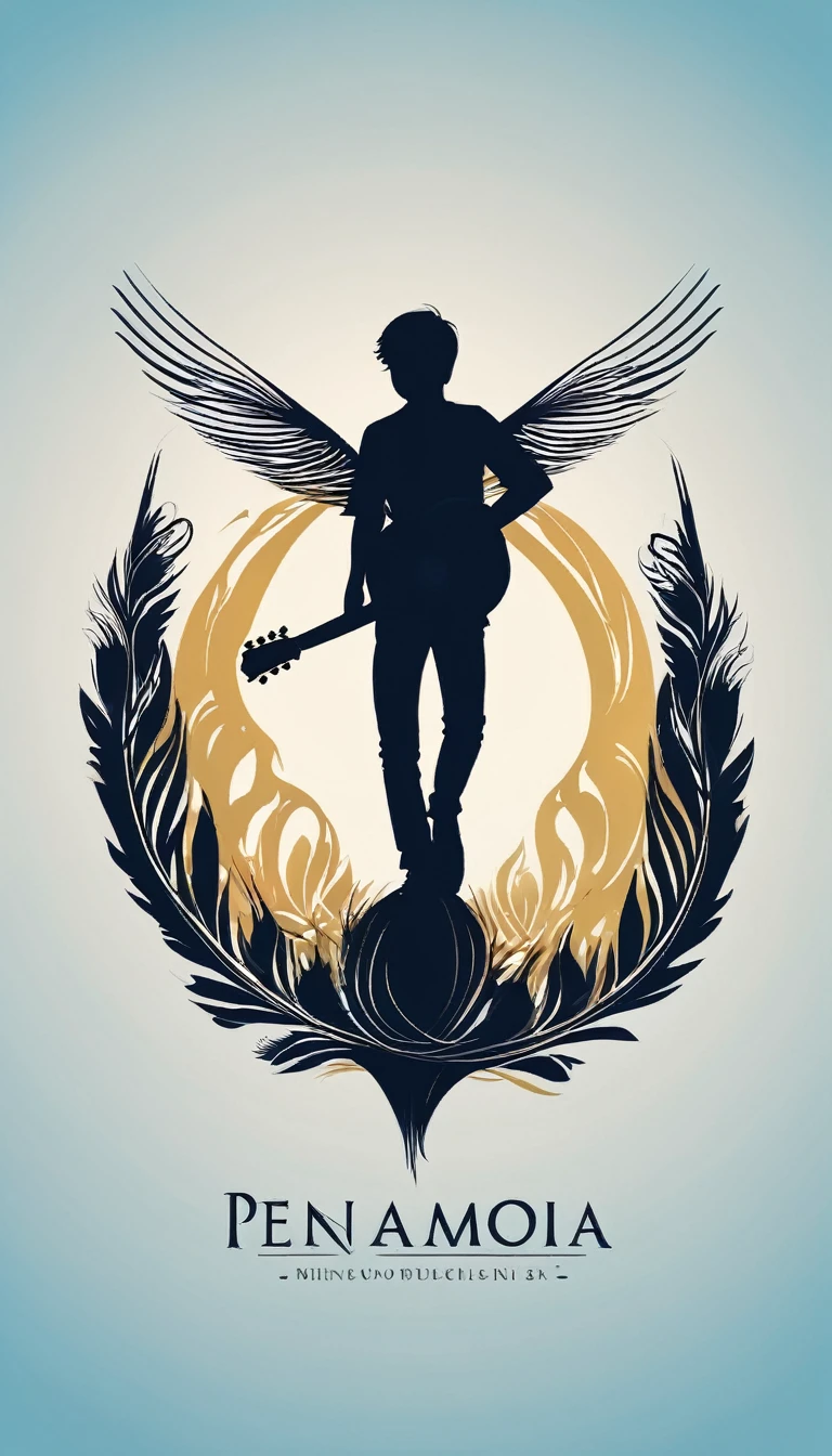 A minimal, modern, simple, cinematic logo design for the brand “Penamemoria". The logo design must be a simple, silhouette of a boy, standing up, playing acoustic guitar and fantasy feather by his side. The logo must convey a sense of music, stories, memories and dreams. Logo design impressed on a book cover. Minimalistic logo. Light blue, white and soft golden as colors for the logo design